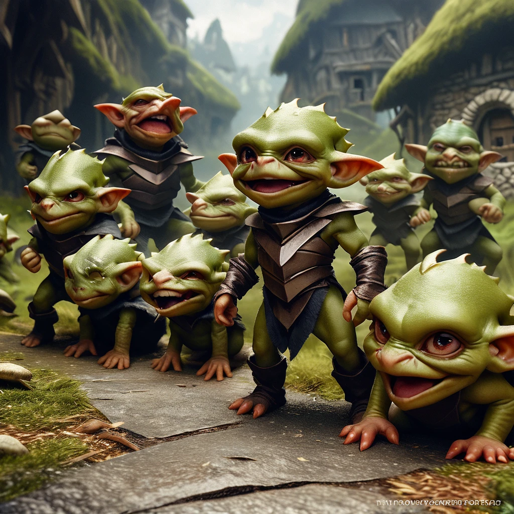 a squad of elite goblins, goblin sized toad, fighter goblin, cleric goblin, wizard goblin, thief goblin, evil goblins, cowardly goblins, garbage heroic armor, high quality, detailed, photo realistic, fantasy art