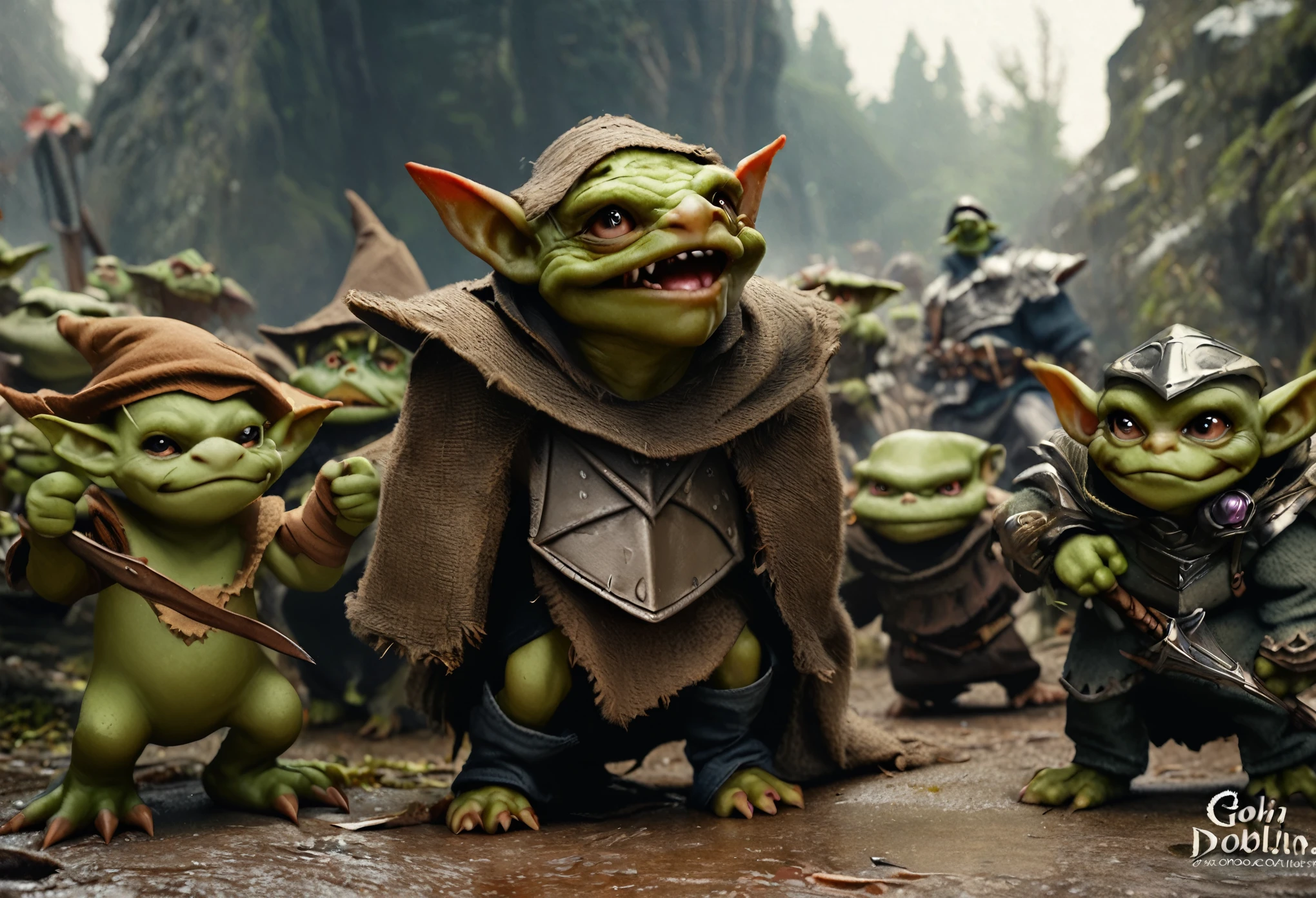 a squad of elite goblins, goblin sized toad, fighter goblin, cleric goblin, wizard goblin, thief goblin, evil goblins, cowardly goblins, garbage heroic armor, high quality, detailed, photo realistic, fantasy art