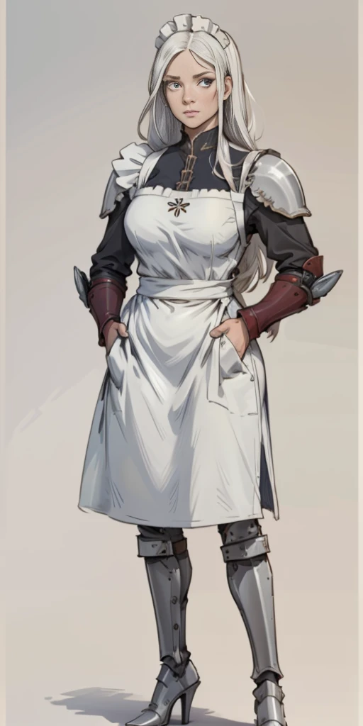 (Masterpiece, plain background:1.2) 1sologirl standing metal high heels, straight, long messy white hair, maid armor outfit, hands inside pockets, white apron with pockets