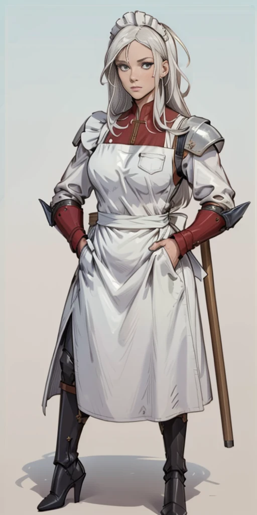(Masterpiece, plain background:1.2) 1sologirl standing metal high heels, straight, long messy white hair, maid armor outfit, hands inside pockets, white apron with pockets