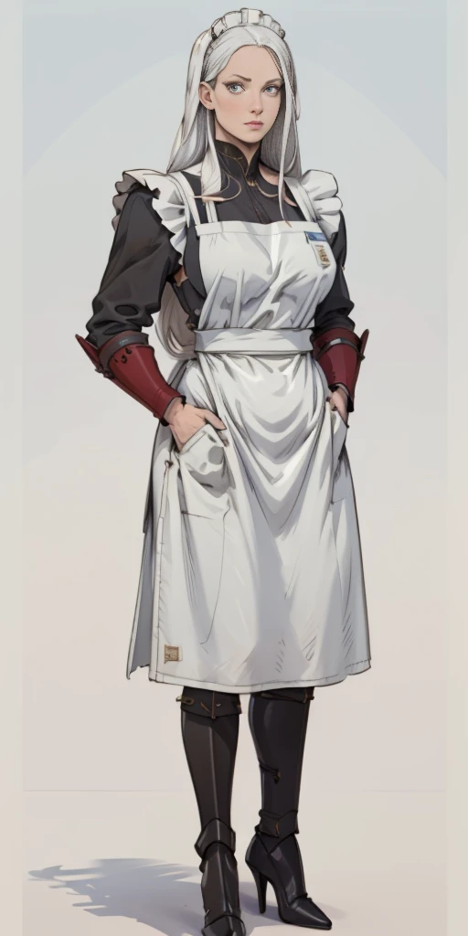 (Masterpiece, plain background:1.2) 1sologirl standing metal high heels, straight, long messy white hair, maid armor outfit, hands inside pockets, white apron with pockets