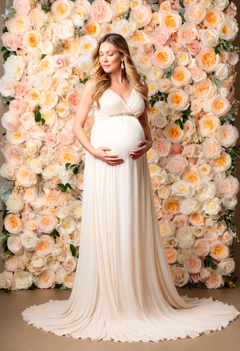 pregnant woman in a white dress posing for a photo , standing in front of floral wall, maternal photography 4 k, floral painted backdrop, floral art novuea dress, romantic gown, flowing gown, soft elegant gown, full length view, wearing a flowing dress, stunning ivory dress, wearing stunning ivory dress, wearing long gown, ruched bodice, wearing ivory colour dress, seraphine, beautiful clorful backdrop , gown, flowing dress, pregnant, dressed beautiful gown, maternity feeling