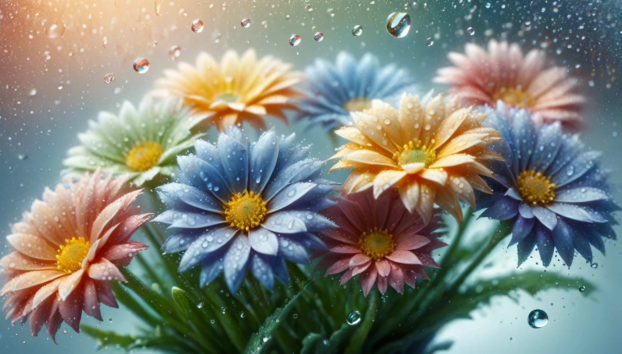 a bunch of flowers with water droplets on them, by Judy Takács, blurred backround, by Alice Prin, by Pamela Ascherson, colorful intricate masterpiece, wonderful light, beautiful render of a fairytale, effervescent, by Ulrika Pasch, 8k award-winning photograph, high-definition photograph, jewel, high definition photography, (complementary colors:1.2), (sharp focus:1.1), (Unreal Engine 5:1.2), (CGI:1.2), (high quality:1.2), (4K:1.1), (volumetric lighting:1.2), (highly detailed:1.3), (bloom:1.1), (micro details:1.2), (masterpiece:1.3), (luminescent:1.1), (aesthetic:1.3), (beautiful:1.3), (HDR:1.2), (dynamic composition:1.2), (captivating atmosphere:1.2), (immersive experience:1.3), (innovative design:1.2), (cinematic excellence:1.3), (timeless elegance:1.1), (visual storytelling:1.2), (technological marvel:1.2), (artistic finesse:1.3), (ethereal beauty:1.1), (creative brilliance:1.2)