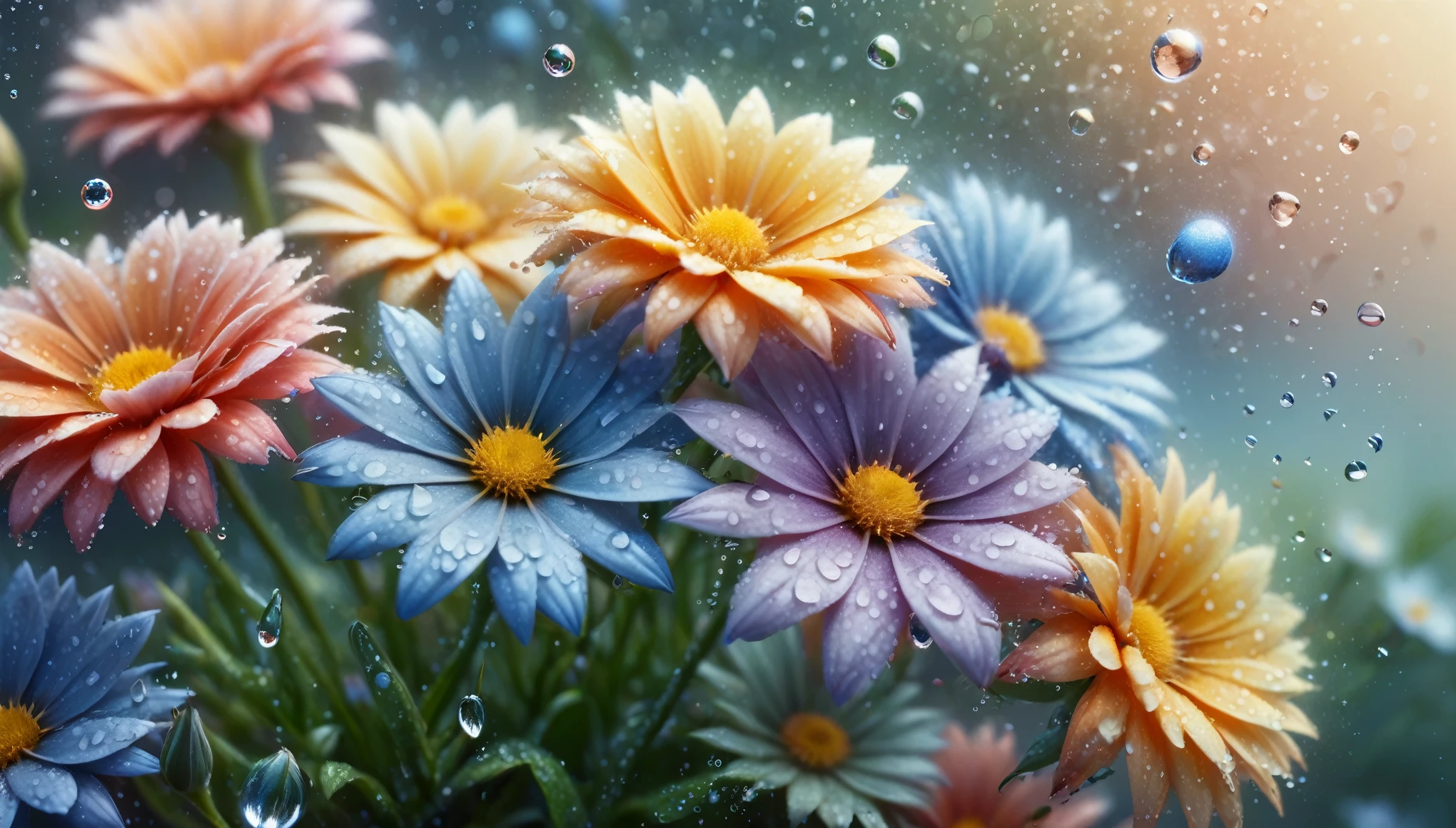 a bunch of flowers with water droplets on them, by Judy Takács, blurred backround, by Alice Prin, by Pamela Ascherson, colorful intricate masterpiece, wonderful light, beautiful render of a fairytale, effervescent, by Ulrika Pasch, 8k award-winning photograph, high-definition photograph, jewel, high definition photography, (complementary colors:1.2), (sharp focus:1.1), (Unreal Engine 5:1.2), (CGI:1.2), (high quality:1.2), (4K:1.1), (volumetric lighting:1.2), (highly detailed:1.3), (bloom:1.1), (micro details:1.2), (masterpiece:1.3), (luminescent:1.1), (aesthetic:1.3), (beautiful:1.3), (HDR:1.2), (dynamic composition:1.2), (captivating atmosphere:1.2), (immersive experience:1.3), (innovative design:1.2), (cinematic excellence:1.3), (timeless elegance:1.1), (visual storytelling:1.2), (technological marvel:1.2), (artistic finesse:1.3), (ethereal beauty:1.1), (creative brilliance:1.2)