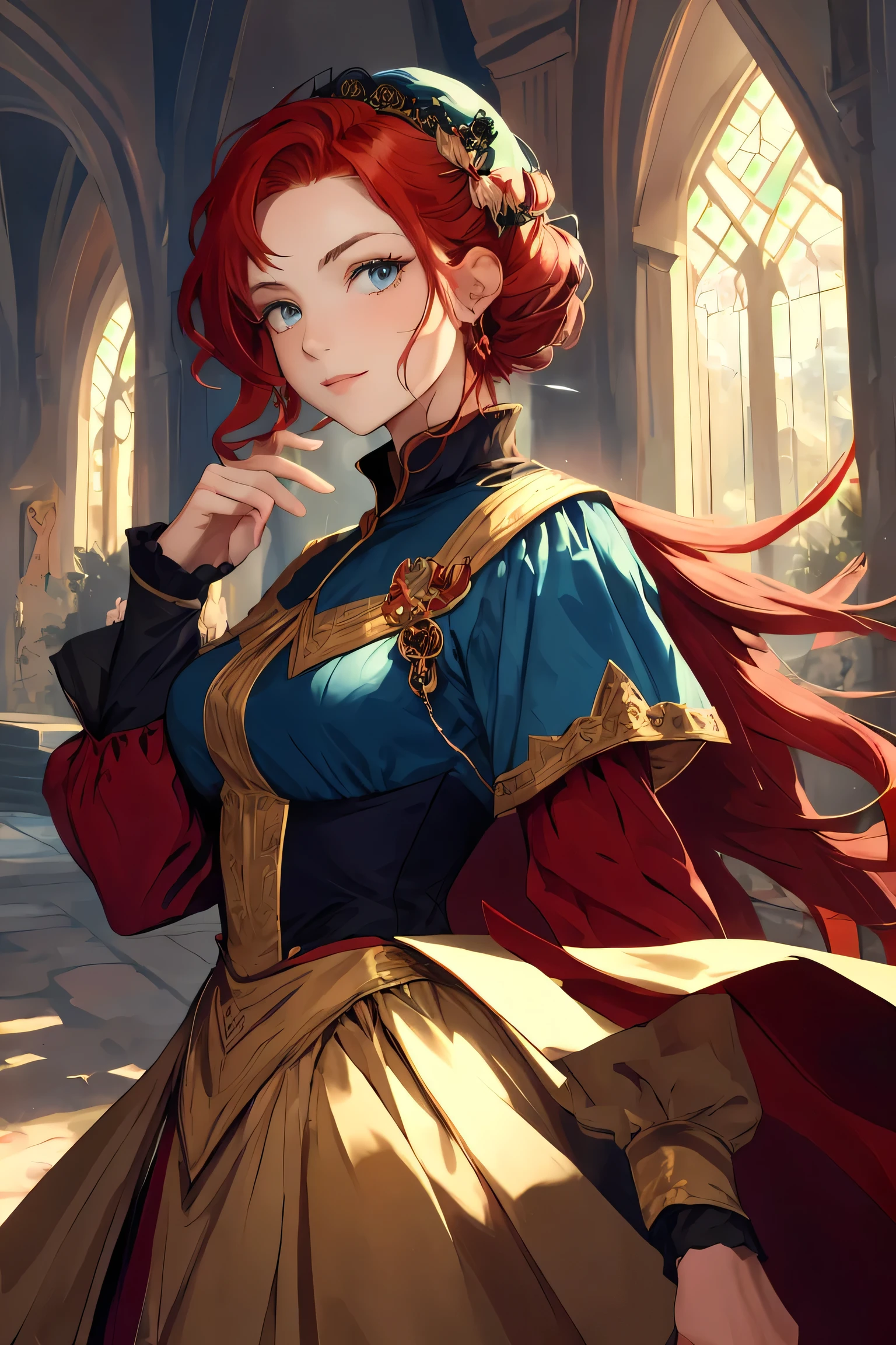 masterpiece ,best quality, Beautiful woman with red hair in an enchanted castle