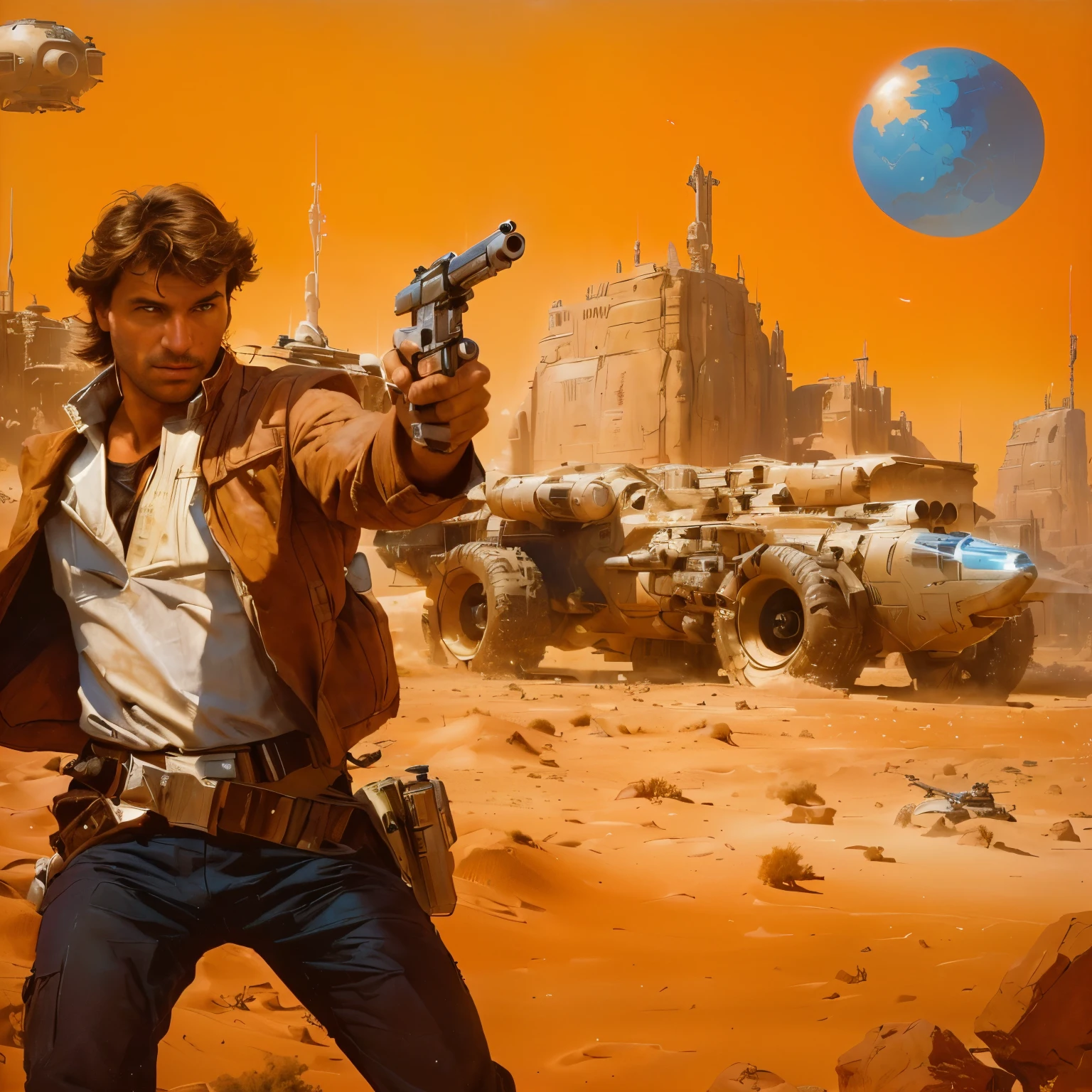 arafed image of a man holding a gun in a desert, retro sci - fi art, lucasfilm jesper ejsing, inspired by James Gurney, han solo, star wars art, star wars digital art, jacen solo, 1 9 8 0 s retro sci - fi art, space western, stefan koidl inspired, mcquarrie