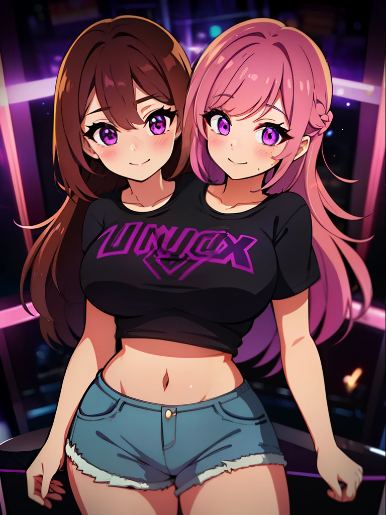 best quality, (masterpiece),(ultra-detailed), (high quality), (high resolution), ((2heads:1.5)), best quality:1.5, highres, UHD, 16K), smiling, highres, masterpiece, ((brown hair)), ((pink and purplehair)), ((different hair colors)), (long hair), blushing, ((cinematic particles)), blue shorts, cowboy shot, ((black tshirt with purple outlines)), exposed midriff, sharp looking eyes, nightclub