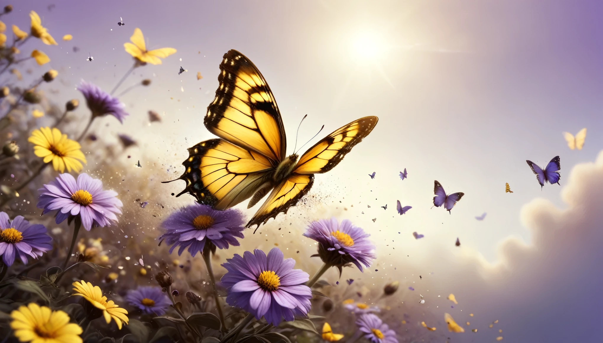 a yellow butterfly sitting on top of a purple flower, butterflies floating in the sky, sunbeams, on a canva, by Gregory Gillespie, background full of brown flowers, of letting go, gardening, cheerful colours, swirling gardens, gentle mists, (complementary colors:1.2), (sharp focus:1.1), (Unreal Engine 5:1.2), (CGI:1.2), (high quality:1.2), (4K:1.1), (volumetric lighting:1.2), (highly detailed:1.3), (bloom:1.1), (micro details:1.2), (masterpiece:1.3), (luminescent:1.1), (aesthetic:1.3), (beautiful:1.3), (HDR:1.2), (dynamic composition:1.2), (captivating atmosphere:1.2), (immersive experience:1.3), (innovative design:1.2), (cinematic excellence:1.3), (timeless elegance:1.1), (visual storytelling:1.2), (technological marvel:1.2), (artistic finesse:1.3), (ethereal beauty:1.1), (creative brilliance:1.2)