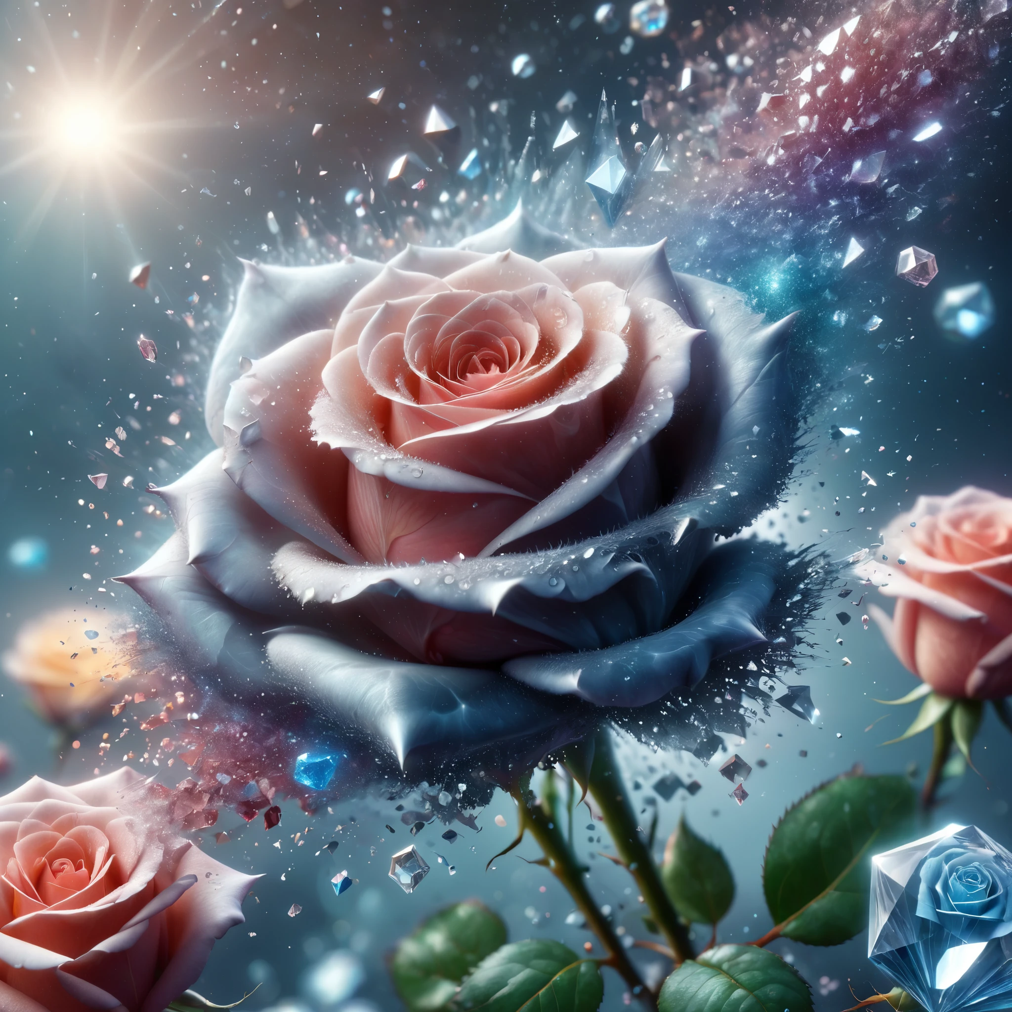 a close up of a rose surrounded by crystals, cgsociety award, interconnected human lifeforms, dribbble, stunning image, diamond prisms, affinity photo, cosmic entity, one thousand years of longing, cgi society, cgworld, [ shards, very beautiful photo, eternal, (complementary colors:1.2), (sharp focus:1.1), (Unreal Engine 5:1.2), (CGI:1.2), (high quality:1.2), (4K:1.1), (volumetric lighting:1.2), (highly detailed:1.3), (bloom:1.1), (micro details:1.2), (masterpiece:1.3), (luminescent:1.1), (aesthetic:1.3), (beautiful:1.3), (HDR:1.2), (dynamic composition:1.2), (captivating atmosphere:1.2), (immersive experience:1.3), (innovative design:1.2), (cinematic excellence:1.3), (timeless elegance:1.1), (visual storytelling:1.2), (technological marvel:1.2), (artistic finesse:1.3), (ethereal beauty:1.1), (creative brilliance:1.2)
