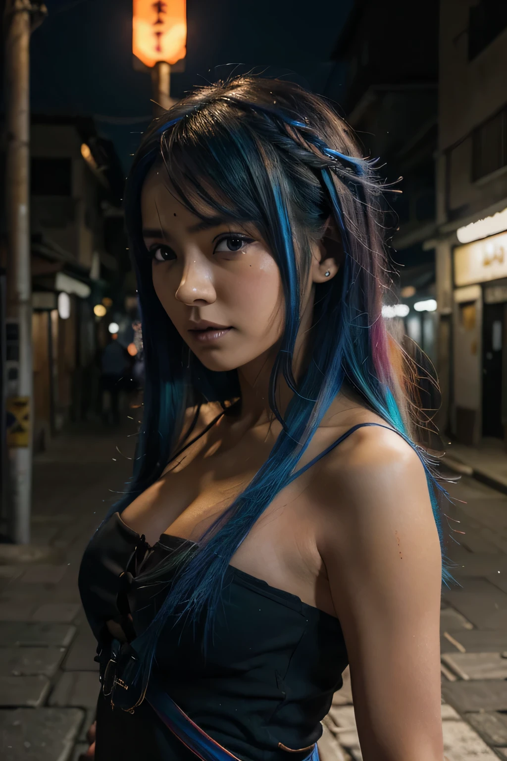 Estilo de anime detalhado, Obra de arte, studio quality, 6k, tiro de corpo inteiro, 1 , demon, Presas, dentes, olhos cinzentos, pele colorida, (Blue pele colorida 0.9), Gothic, Conjunto Pesado, cabelo preto, fundo detalhado, Cidade Moderna Japonesa, cores complementares, cinematic lighting, sombreamento detalhado, Pintura de textura digital