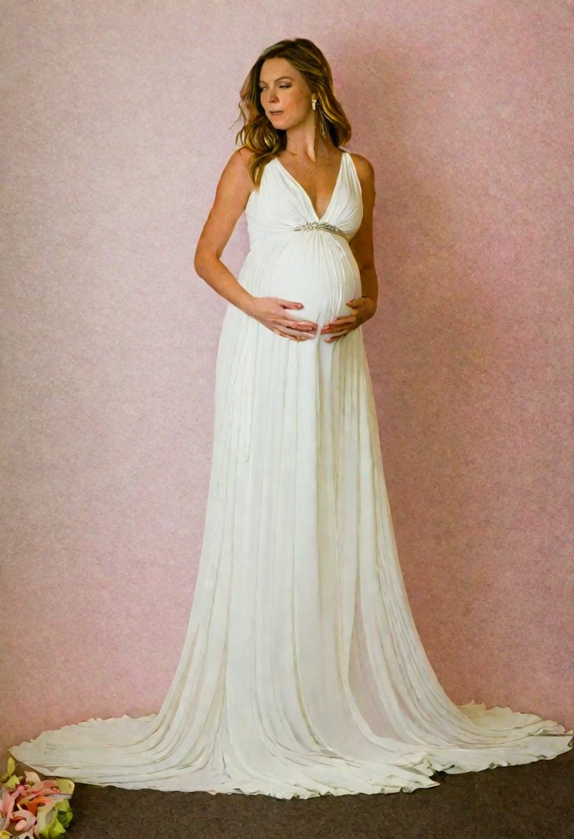 pregnant woman in a white dress posing for a photo , standing in front of floral wall, 