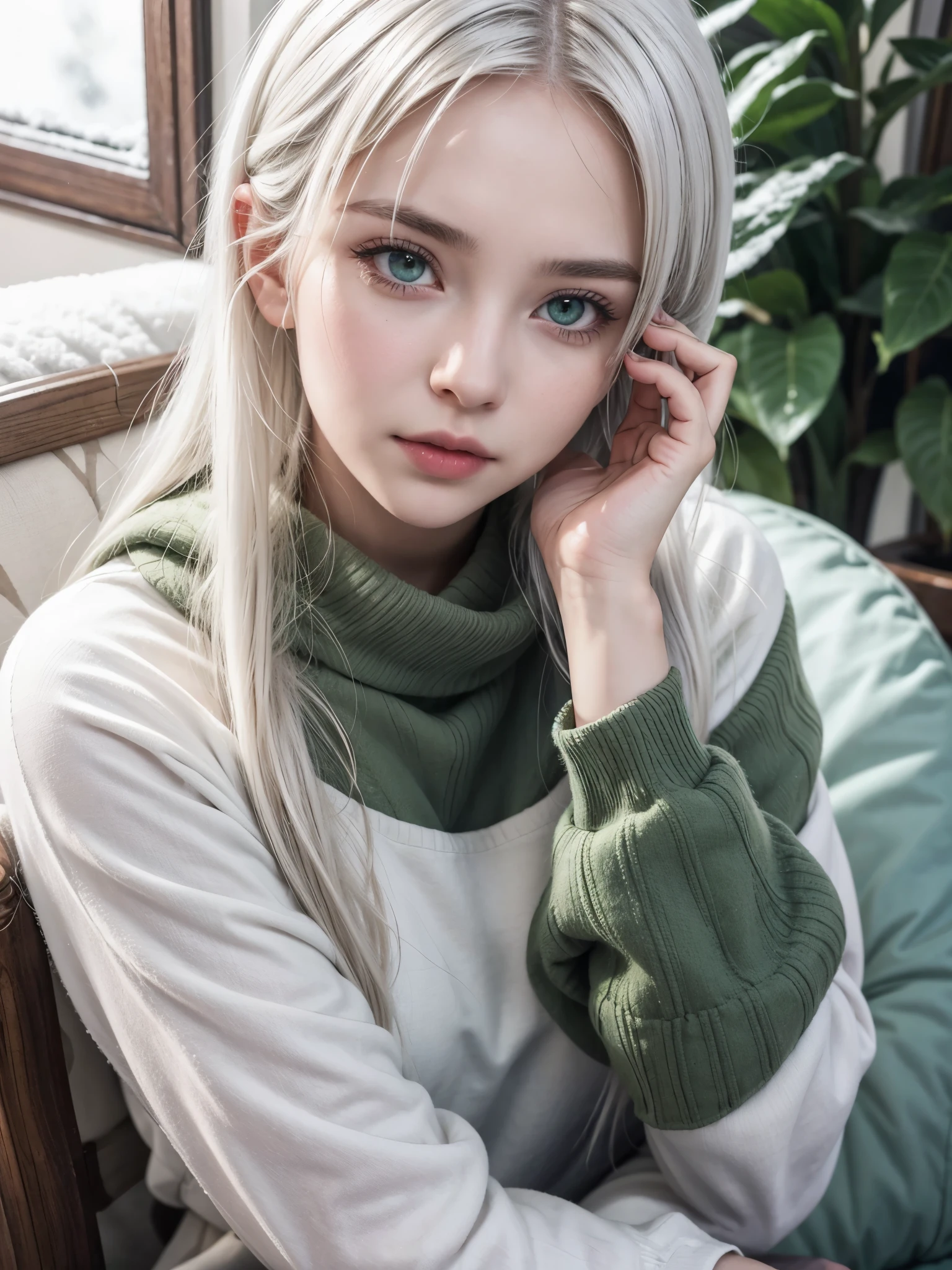 Hot girl, snow white hair, green eyes, casual clothes