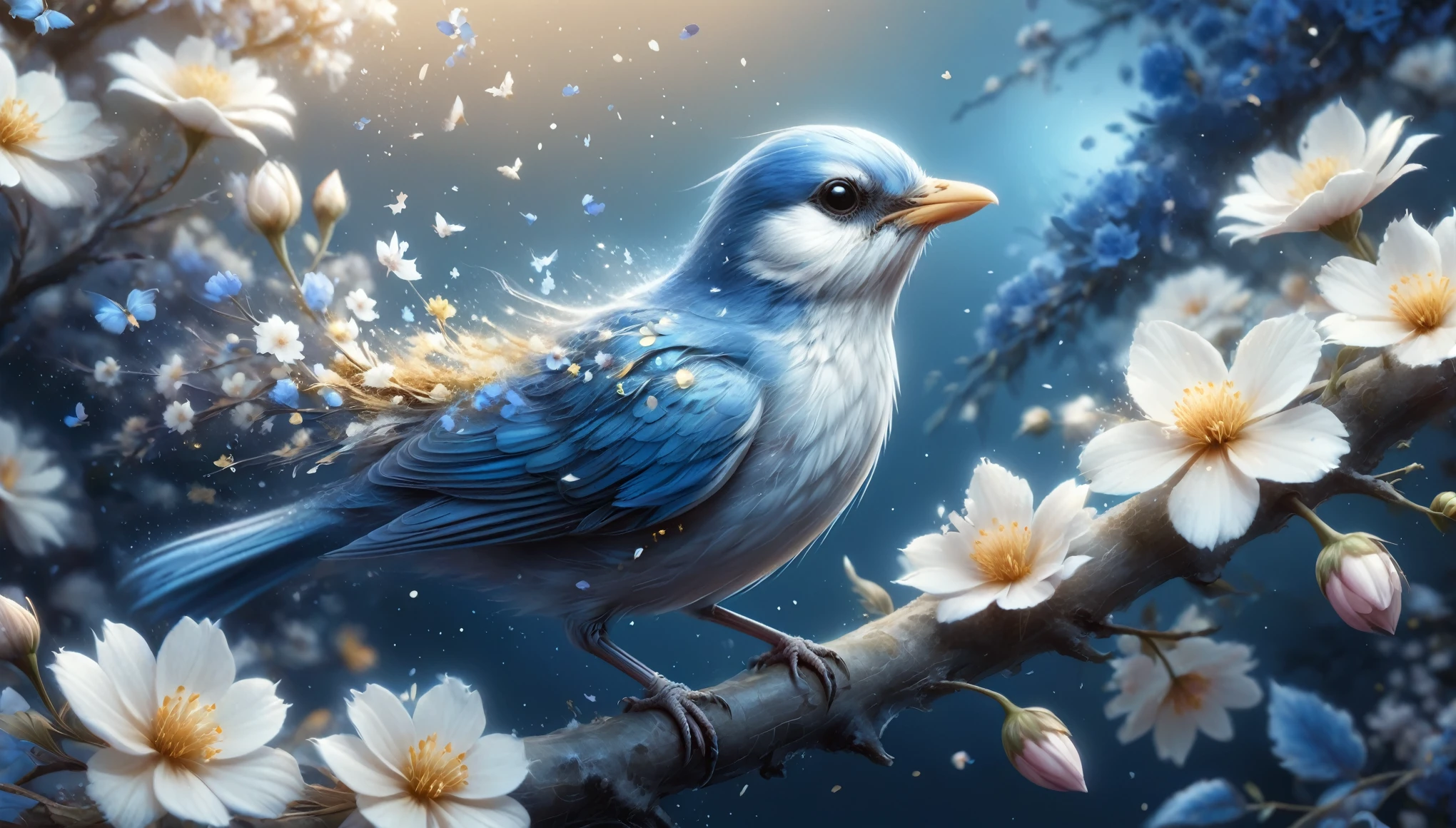 a painting of a bird surrounded by flowers, 3 d icon for mobile game, by Anne Stokes, medibang, white and gold color palette, an ai generated image, in the style of ross tran, extremely detailed fur, and blue, Ghost Festival, is looking at a bird, (complementary colors:1.2), (sharp focus:1.1), (Unreal Engine 5:1.2), (CGI:1.2), (high quality:1.2), (4K:1.1), (volumetric lighting:1.2), (highly detailed:1.3), (bloom:1.1), (micro details:1.2), (masterpiece:1.3), (luminescent:1.1), (aesthetic:1.3), (beautiful:1.3), (HDR:1.2), (dynamic composition:1.2), (captivating atmosphere:1.2), (immersive experience:1.3), (innovative design:1.2), (cinematic excellence:1.3), (timeless elegance:1.1), (visual storytelling:1.2), (technological marvel:1.2), (artistic finesse:1.3), (ethereal beauty:1.1), (creative brilliance:1.2)