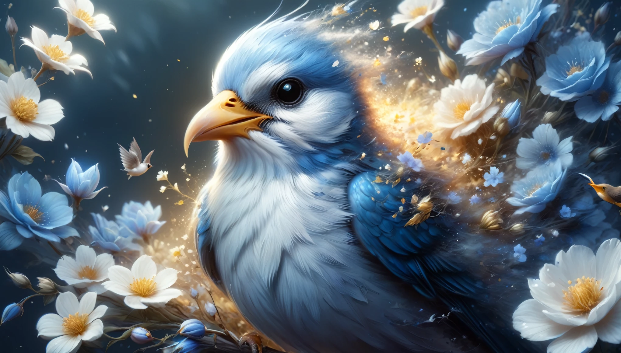 a painting of a bird surrounded by flowers, 3 d icon for mobile game, by Anne Stokes, medibang, white and gold color palette, an ai generated image, in the style of ross tran, extremely detailed fur, and blue, Ghost Festival, is looking at a bird, (complementary colors:1.2), (sharp focus:1.1), (Unreal Engine 5:1.2), (CGI:1.2), (high quality:1.2), (4K:1.1), (volumetric lighting:1.2), (highly detailed:1.3), (bloom:1.1), (micro details:1.2), (masterpiece:1.3), (luminescent:1.1), (aesthetic:1.3), (beautiful:1.3), (HDR:1.2), (dynamic composition:1.2), (captivating atmosphere:1.2), (immersive experience:1.3), (innovative design:1.2), (cinematic excellence:1.3), (timeless elegance:1.1), (visual storytelling:1.2), (technological marvel:1.2), (artistic finesse:1.3), (ethereal beauty:1.1), (creative brilliance:1.2)