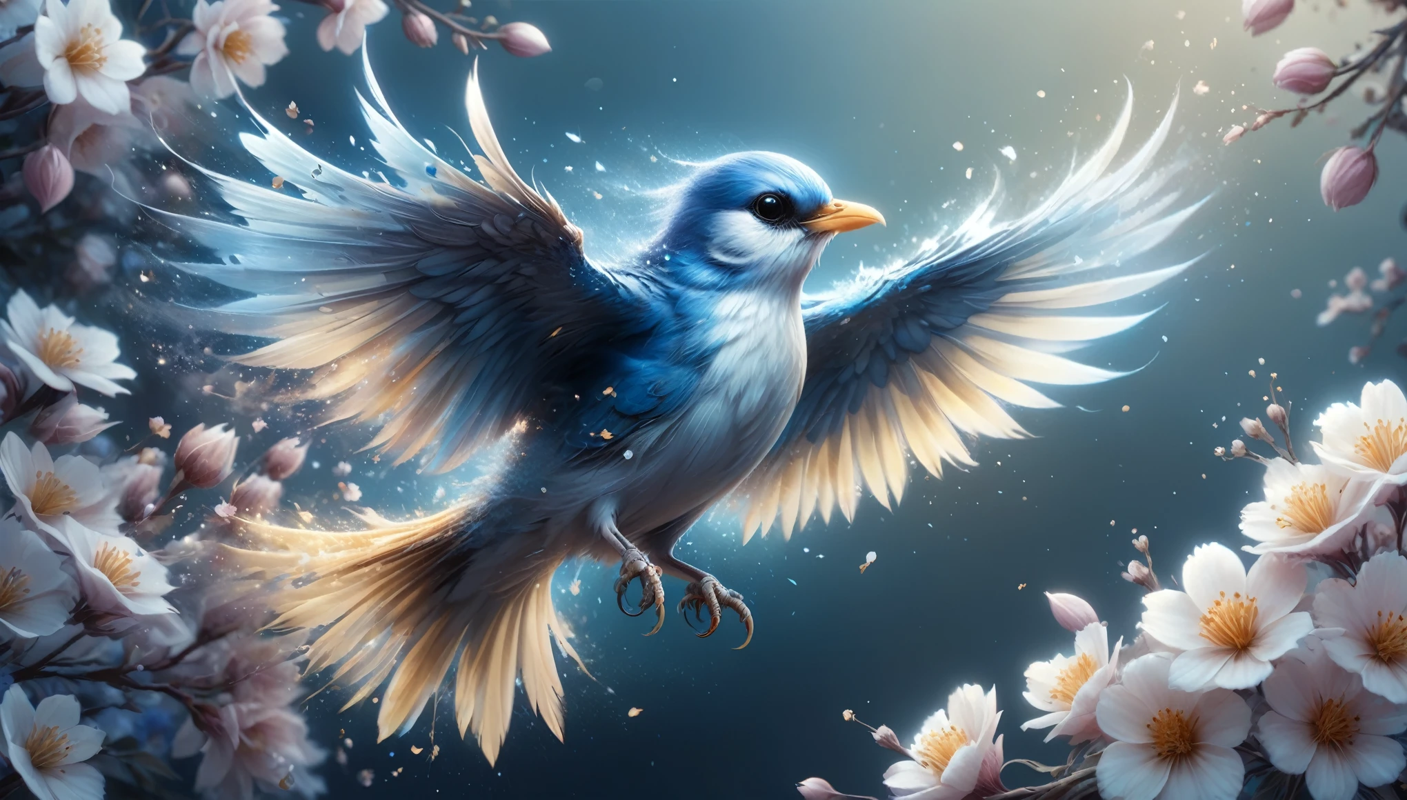 a painting of a bird surrounded by flowers, 3 d icon for mobile game, by Anne Stokes, medibang, white and gold color palette, an ai generated image, in the style of ross tran, extremely detailed fur, and blue, Ghost Festival, is looking at a bird, (complementary colors:1.2), (sharp focus:1.1), (Unreal Engine 5:1.2), (CGI:1.2), (high quality:1.2), (4K:1.1), (volumetric lighting:1.2), (highly detailed:1.3), (bloom:1.1), (micro details:1.2), (masterpiece:1.3), (luminescent:1.1), (aesthetic:1.3), (beautiful:1.3), (HDR:1.2), (dynamic composition:1.2), (captivating atmosphere:1.2), (immersive experience:1.3), (innovative design:1.2), (cinematic excellence:1.3), (timeless elegance:1.1), (visual storytelling:1.2), (technological marvel:1.2), (artistic finesse:1.3), (ethereal beauty:1.1), (creative brilliance:1.2)