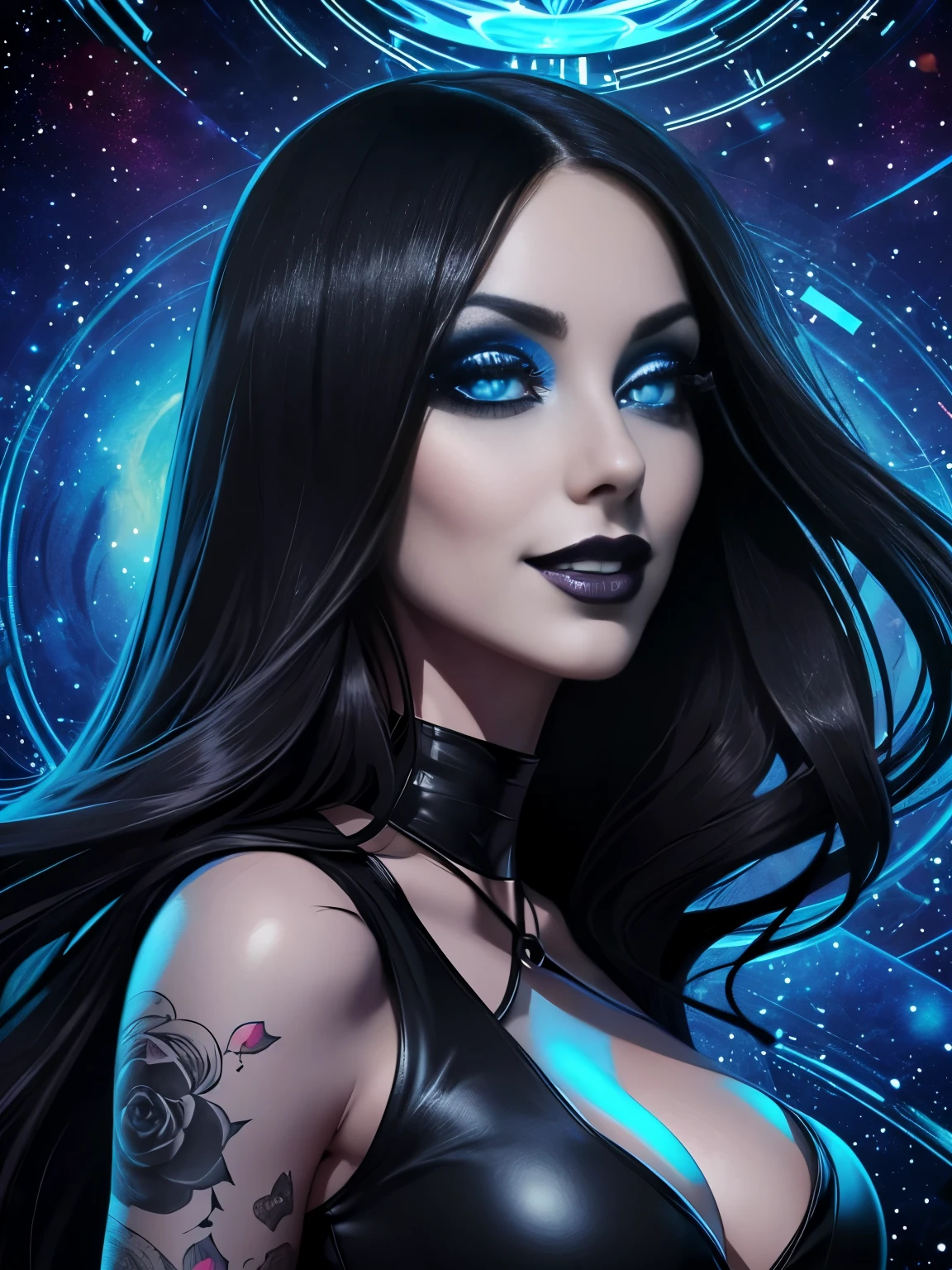 Portrait, goth model with black hair, wearing a tight black dress, mesmerizing blue eyes, seductively flirting with you, wanting a kiss, hourglass figure, symmetrical figure, highly detailed face, beautiful face, lush lips, wearing black lipstick, smiling, alluring, stunning digital illustration, 8k cosmic elements and ethereal atmosphere
