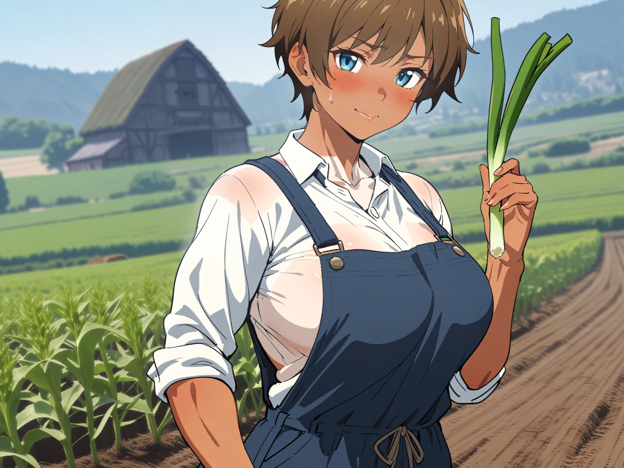 {{upper body, dutch angle}} {{Artist: sincos}} 1girl, solo, tomboy, mature female, muscular female, brown hair, short hair, blue eyes, tan, tanlines, lips, large breasts, white shirt, sleeves rolled up, blue overalls, shy smile, closed mouth, blush, looking at viewer, holding spring onion, clear sky, farm, crops, medieval fantasy.
