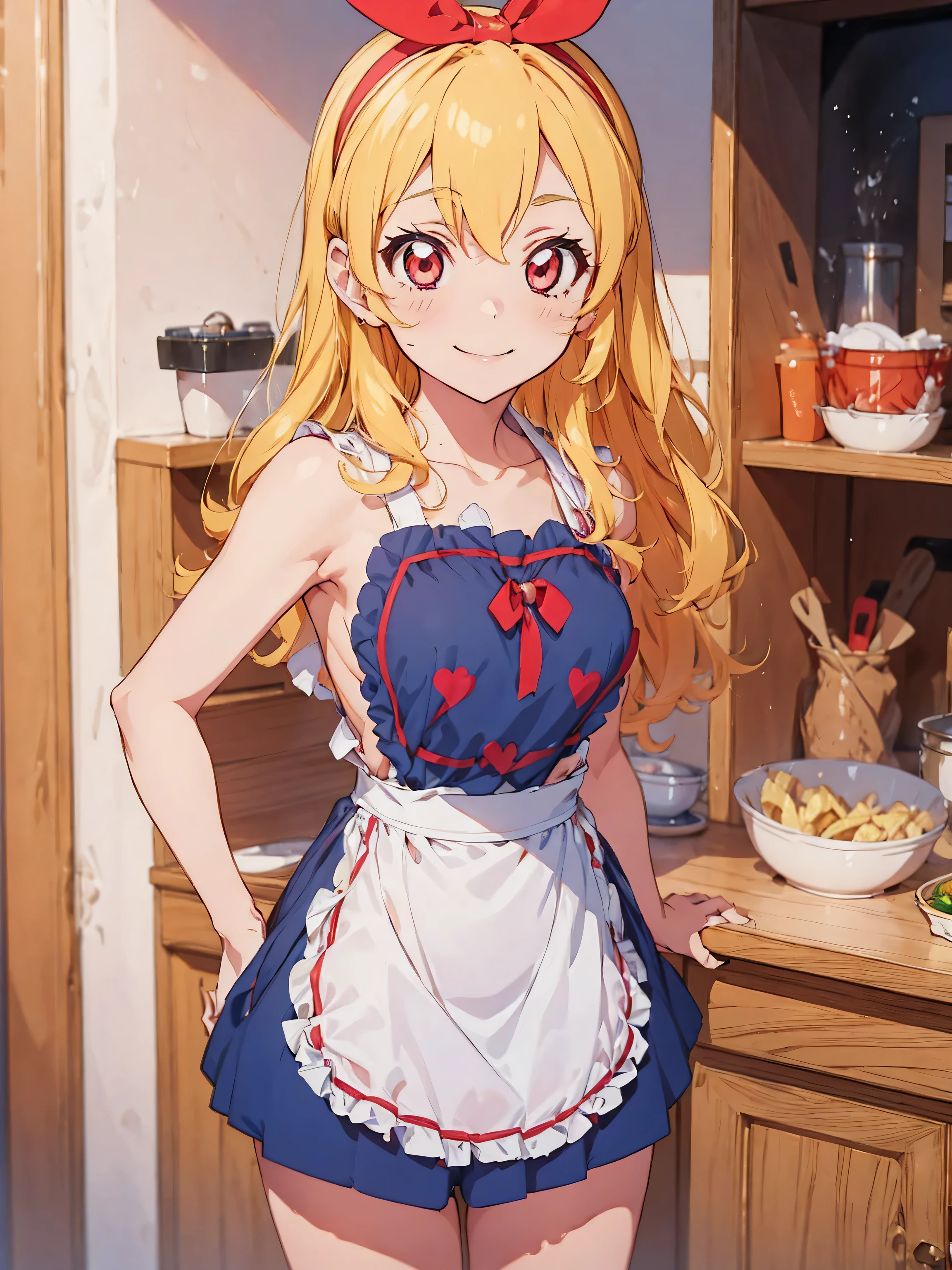 aikatsu,Blonde_HAIR,RED_HAIR_band,masterpiece,{a cartoon character is posing in kitchen wearing an apron and a dress, 1girl, hoshimiya ichigo, apron, blonde hair, long hair, breasts, solo, smile, naked apron, large breasts, cleavage, stove, looking at viewer, blush, kitchen, pink apron,