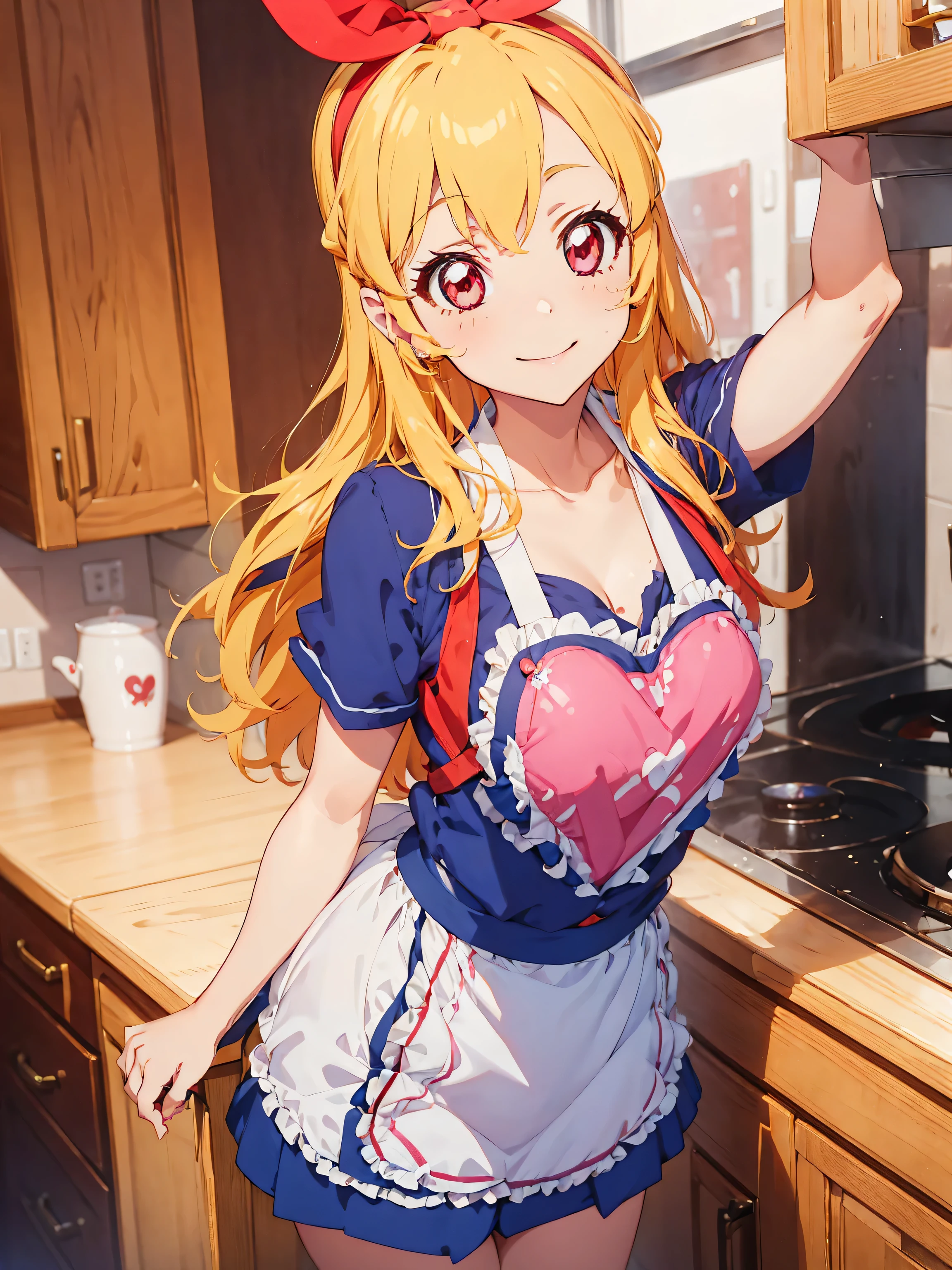 aikatsu,Blonde_HAIR,RED_HAIR_band,masterpiece,{a cartoon character is posing in kitchen wearing an apron and a dress, 1girl, hoshimiya ichigo, apron, blonde hair, long hair, breasts, solo, smile, naked apron, large breasts, cleavage, stove, looking at viewer, blush, kitchen, pink apron,