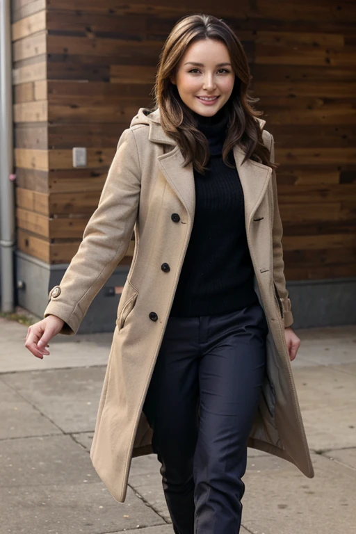 Camilla Luddington dressed in coat and pants and smiling
