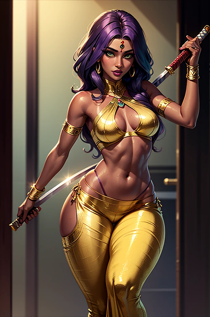 older female, indian, small waist, toned belly dancer, wide hips, long light purple hair, thick thighs, dark green eyes, thick lips, colored eyelashes, thin waist, dark skin, tan, tanline, golden lipstick, translucent iridescent harem pants, sheer metallic red sari top, white lace bridal gauntlets, wielding katana