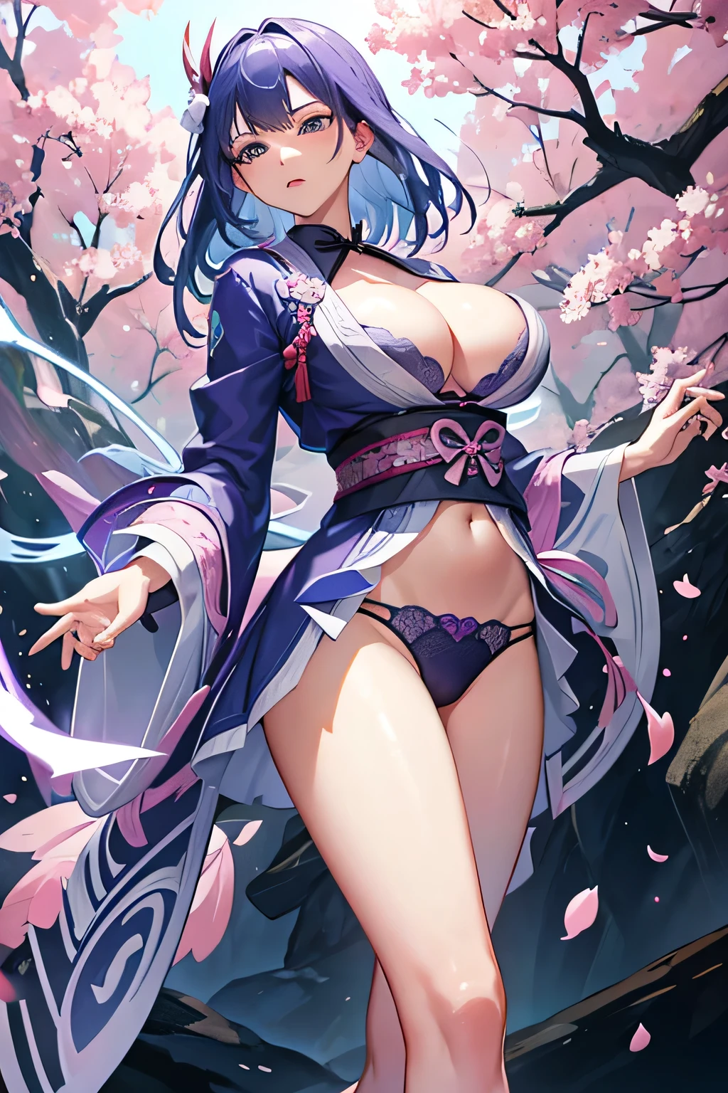 raiden, Take off your pink kimono., blue lace underwear, Very big breasts ,magichian