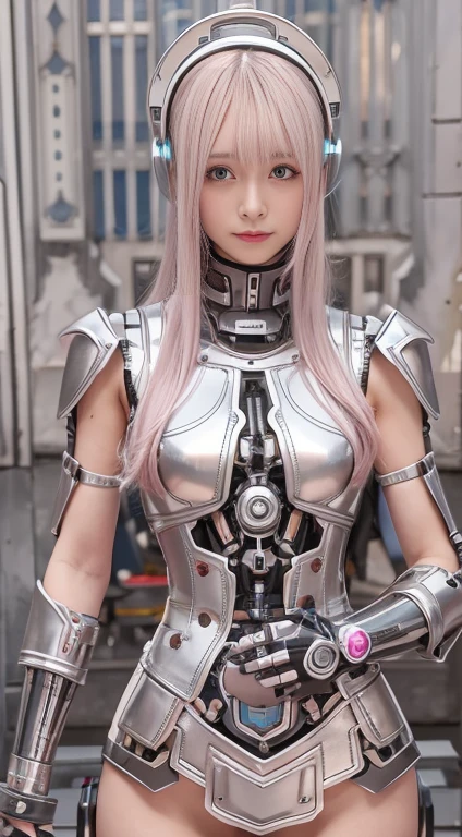 Robotermädchen, rosa da, Silver, metallic body, Roboterteile, Metallteile, Superdetailliertes Gesicht, Super wohlgeformtes Gesicht, of the highest quality, ein kleines Gesicht, ein kleiner Kopf, braune Haare, Slim body, Blick auf die Kamera, Interne mechanische Belastung, Idol, Nach vorne ausgerichtet, well-proportioned body, Verkauf, Ausgestellt, Veranstaltungssaal, Moe-Pose, sleeveless pink metallic lolita style dress machine armor, Sitzen auf einem Stuhl mit gespreizten Beinen, Model body type, traurig, peinlich,(Perfect Robot Girl),(Perfect machine body)