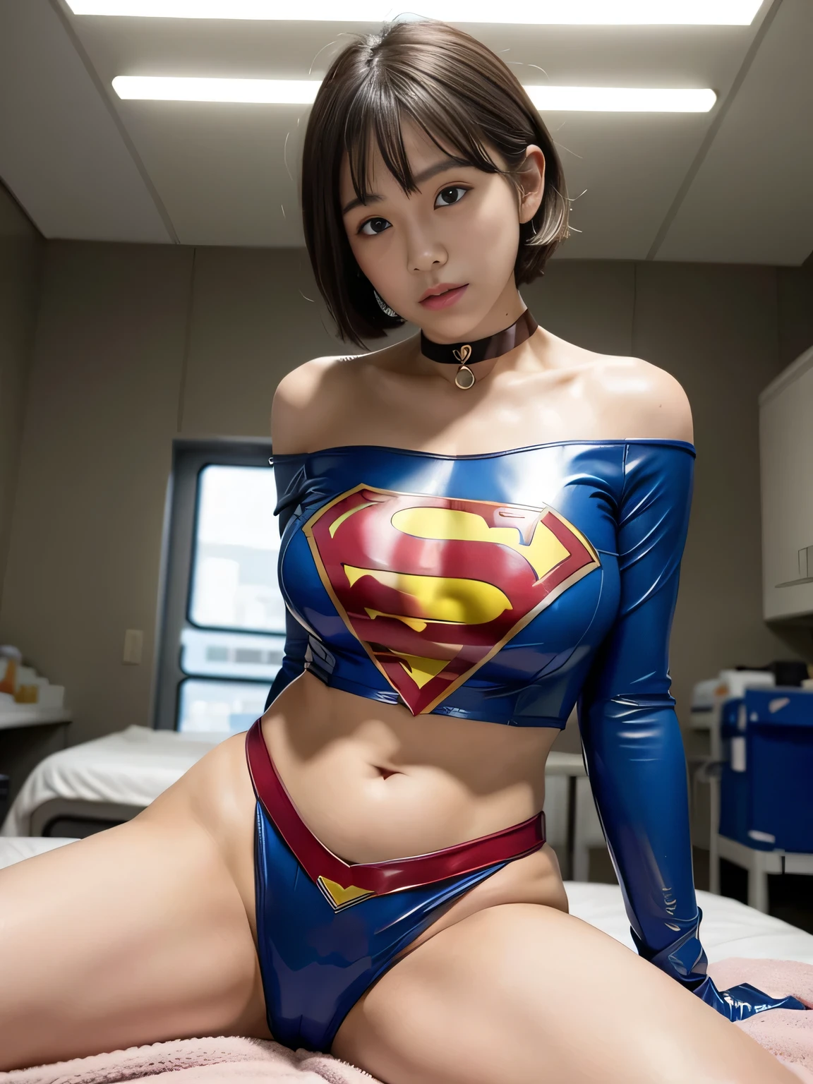 masterpiece、Enamel Supergirl Costume、Short Hair、Hospital operating table、Crisis situation、Big and ample breasts、looking at the camera、Shiny、Off the shoulder、choker、Long sleeve、exy poses to seduce、Sweaty skin、Model Body Type、Alluring、charm、Enchanting、Abused、test subject、victim、Wild、Photorealistic、latex、High leg leotard、Belly button、Pointing forward、