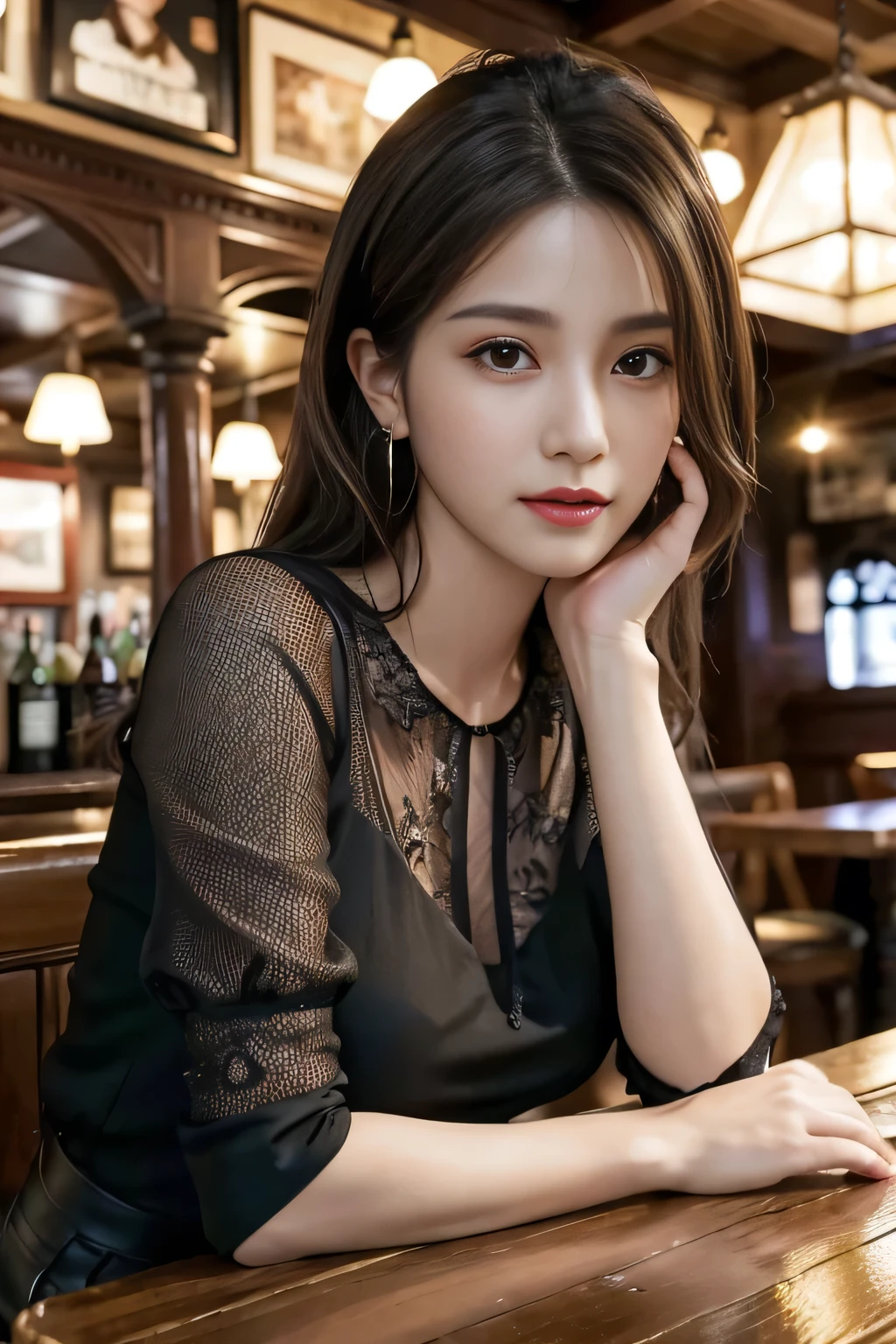 masterpiece, highest quality, Realistic, Very detailed, Finer details, High resolution, 8k wallpaper, One beautiful woman, Wear a black see-through blouse, In a great pub, At night, Light brown messy hair, Perfect dynamic composition, Beautiful and beautiful eyes、Big earrings、Sitting in a chair、