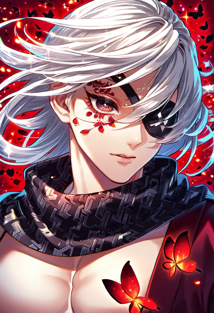 Ultra detailed, Highres, absurdres, HDR, Uzui Tengen, white hair, medium length hair, expressive maroon eye, black eye patch, black scarf with patterns, maroon kimono, Kimetsu No Yaiba, glittering red butterflies, petals, handsome, sexy man, solo, very detailed eyes and face, master piece, toned chest, glittering, fantasy, red forest, red background