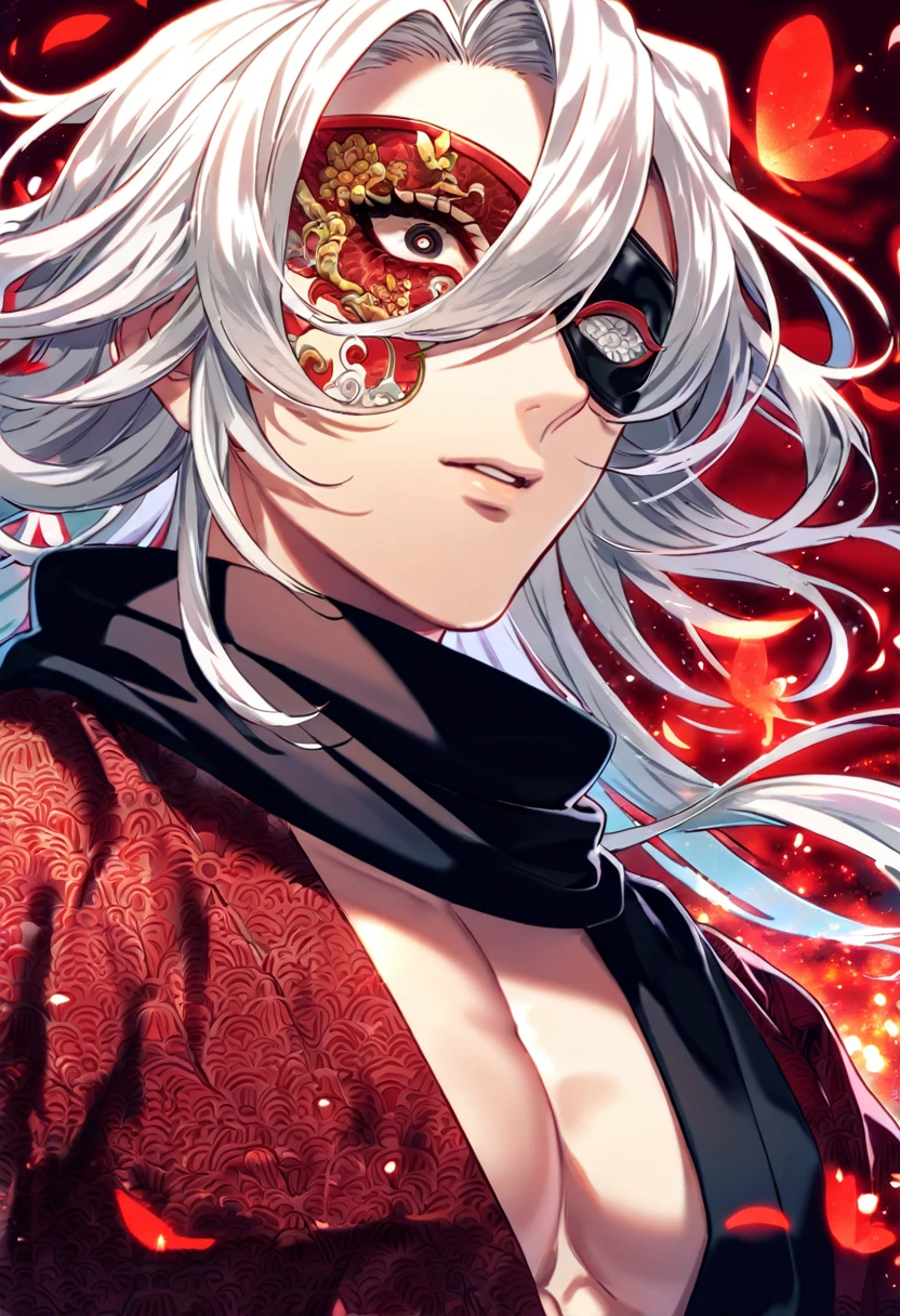 Ultra detailed, Highres, absurdres, HDR, Uzui Tengen, white hair, medium length hair, expressive maroon eye, black eye patch, black scarf with patterns, maroon kimono, Kimetsu No Yaiba, glittering red butterflies, petals, handsome, sexy man, solo, very detailed eyes and face, master piece, toned chest, glittering, fantasy, red forest, red background