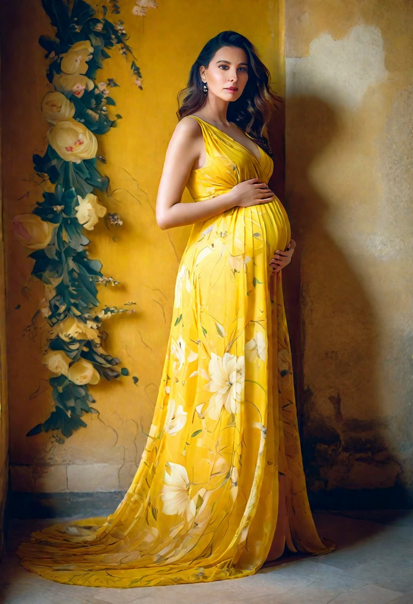 pregnant woman in yellow dress with flower pattern  standing inside old palace, maternal photography 4 k, standing in old palace, floral art novuea yellow  dress, lady with glowing yellow dress, full body portrait in palace , wearing a long yellow dress, flowing gown, wearing chiton, full body portrait shot indoor palace ,  full body portrait, long luxurious flowing yellow  gown, beautiful gown