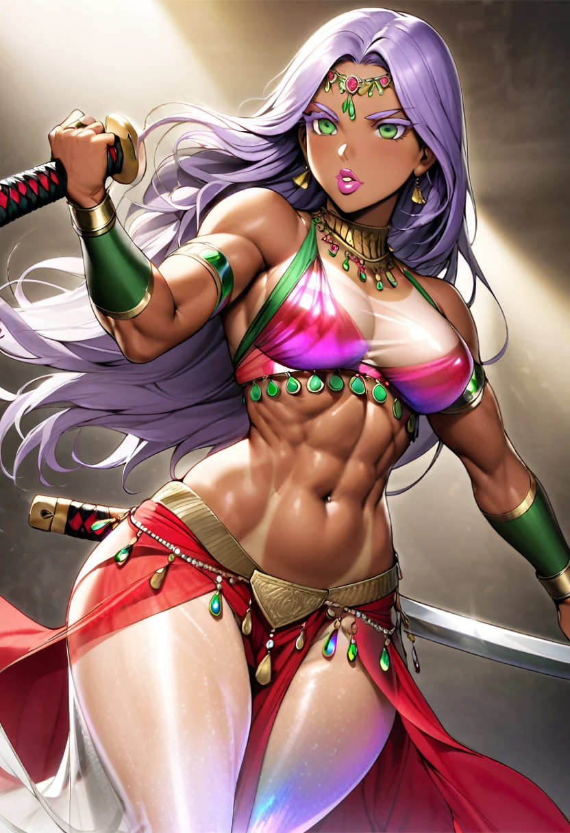 older female, indian, small waist, toned, belly dancer, wide hips, long light purple hair, thick thighs, dark green eyes, ifbb, thick lips, colored eyelashes, thin waist, dark skin, tan, tanline, golden lipstick, translucent iridescent harem pants, sheer metallic red sari top, white lace bridal gauntlets, wielding katana