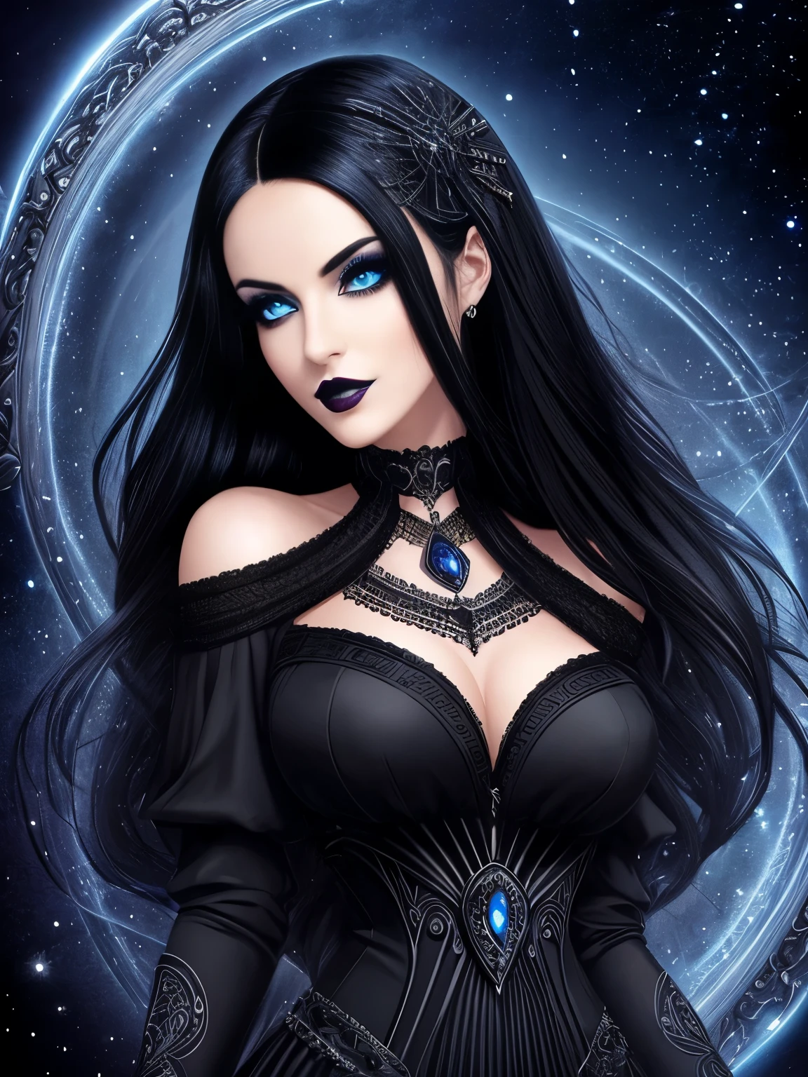 Portrait, goth model with black hair, wearing a tight black dress, mesmerizing blue eyes, seductively flirting with you, wanting a kiss, hourglass figure, symmetrical figure, highly detailed face, beautiful face, lush lips, wearing black lipstick, smiling, alluring, stunning digital illustration, 8k cosmic elements and ethereal atmosphere