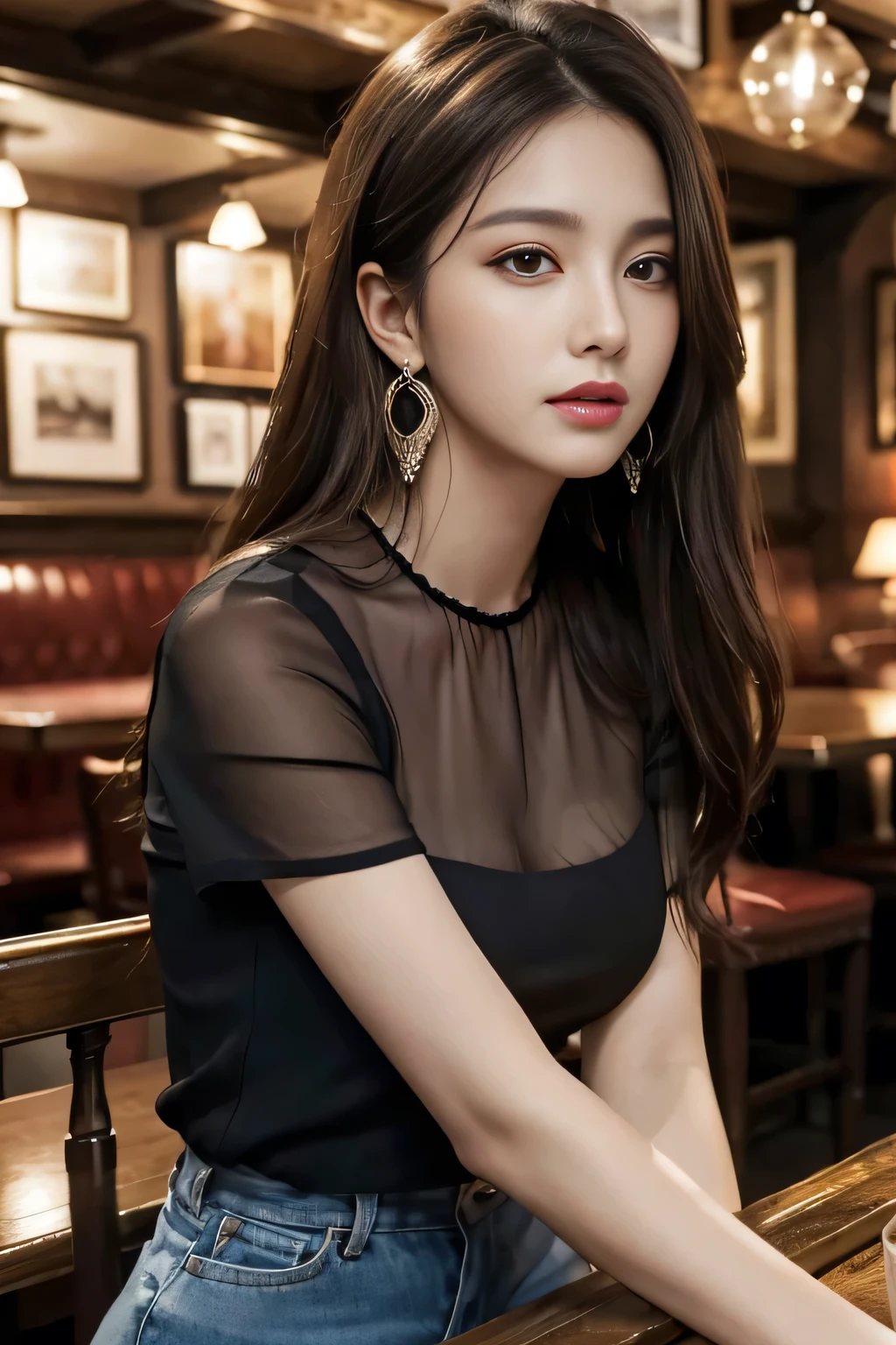 masterpiece, highest quality, Realistic, Very detailed, Finer details, High resolution, 8k wallpaper, One beautiful woman, Wear a black see-through blouse, In a great pub, At night, Light brown messy hair, Perfect dynamic composition, Beautiful and beautiful eyes、Big earrings、Sitting in a chair、