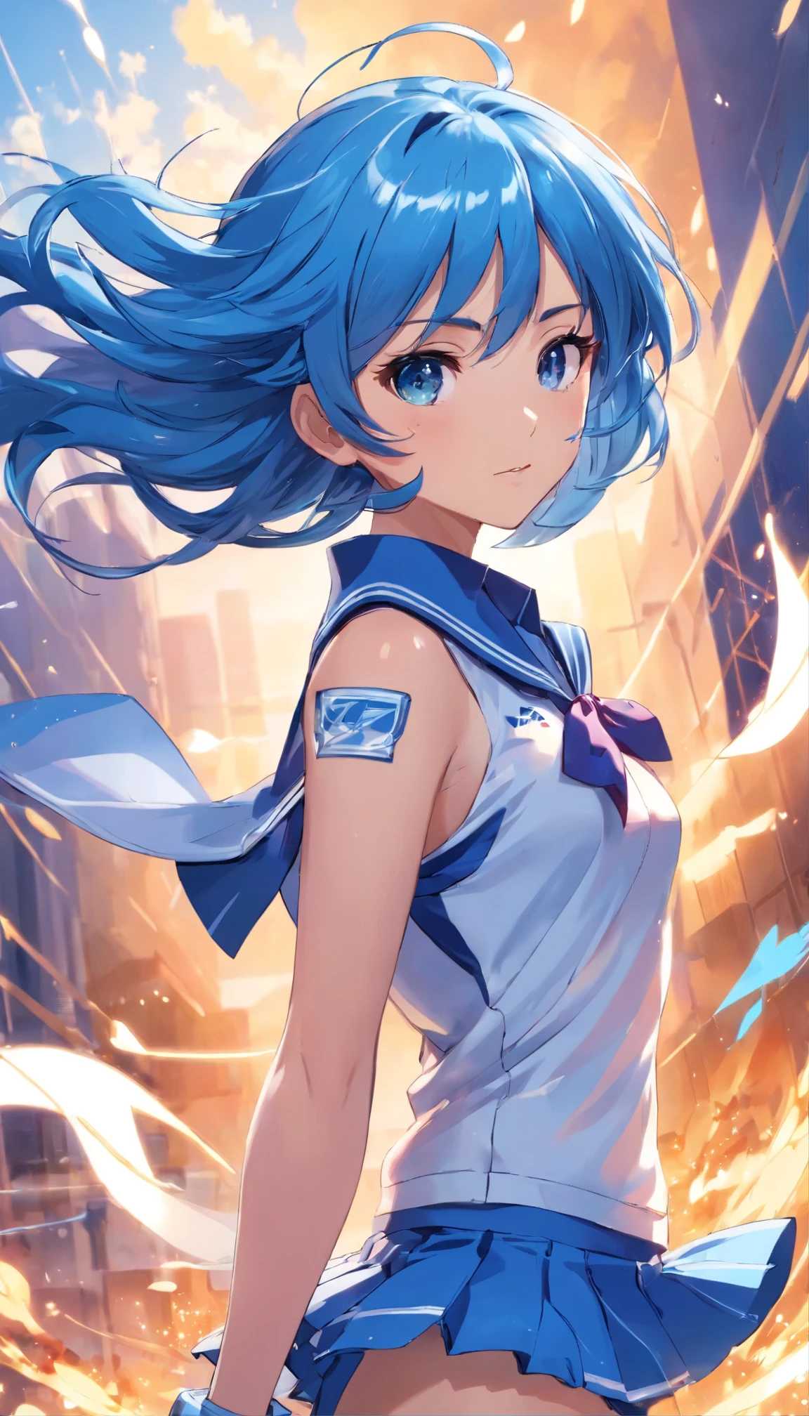 (masterpiece)、(highest quality)、Real、Cinematic Light、Mizuno Ami、Sailor Mercury、stand、Battlefield Background、Perfect body、Blue Hair、uniform。Her uniform is、intricate details and、It features a vivid and glossy finish under dynamic lighting.。幾重にも重なったBlue Hairが、uniformの鮮やかな色合いを引き立てている。Ami&#39;s body is depicted with athletic grace.、All muscles are defined yet graceful。Against the backdrop of the battlefield、The focus is on Ami&#39;s determined pose。Realなフィギア