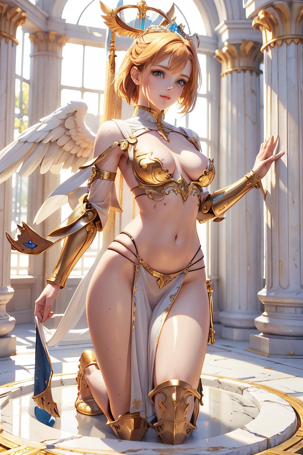 beautiful alluring warrior angel emma watson, pale skin, golden halo, beautiful angel wings, inside an ancient greek holy temple, sunrays, loose white linen chiton and angelic metal armor parts, cleavage, fantasy Theme, Fiverr Dnd Character, Octane Render, Digital Art, Extreme Detail, 4k, Ultra Hd, Polished, Beautiful, Hyperdetailed, Intricate, Elaborate, Meticulous, Photorealistic, Sharp Focus, Wlop, Character Design, Unreal Engine, 3d Rendered, Volumetric Lighting, Reflections, Glossy, Digital Illustration, Pose, Suggestive Pose, Lewd, Full Body Shot, anatomically correct, very small breast size, small breasts, perky small breasts, 💖❤💕💋❣