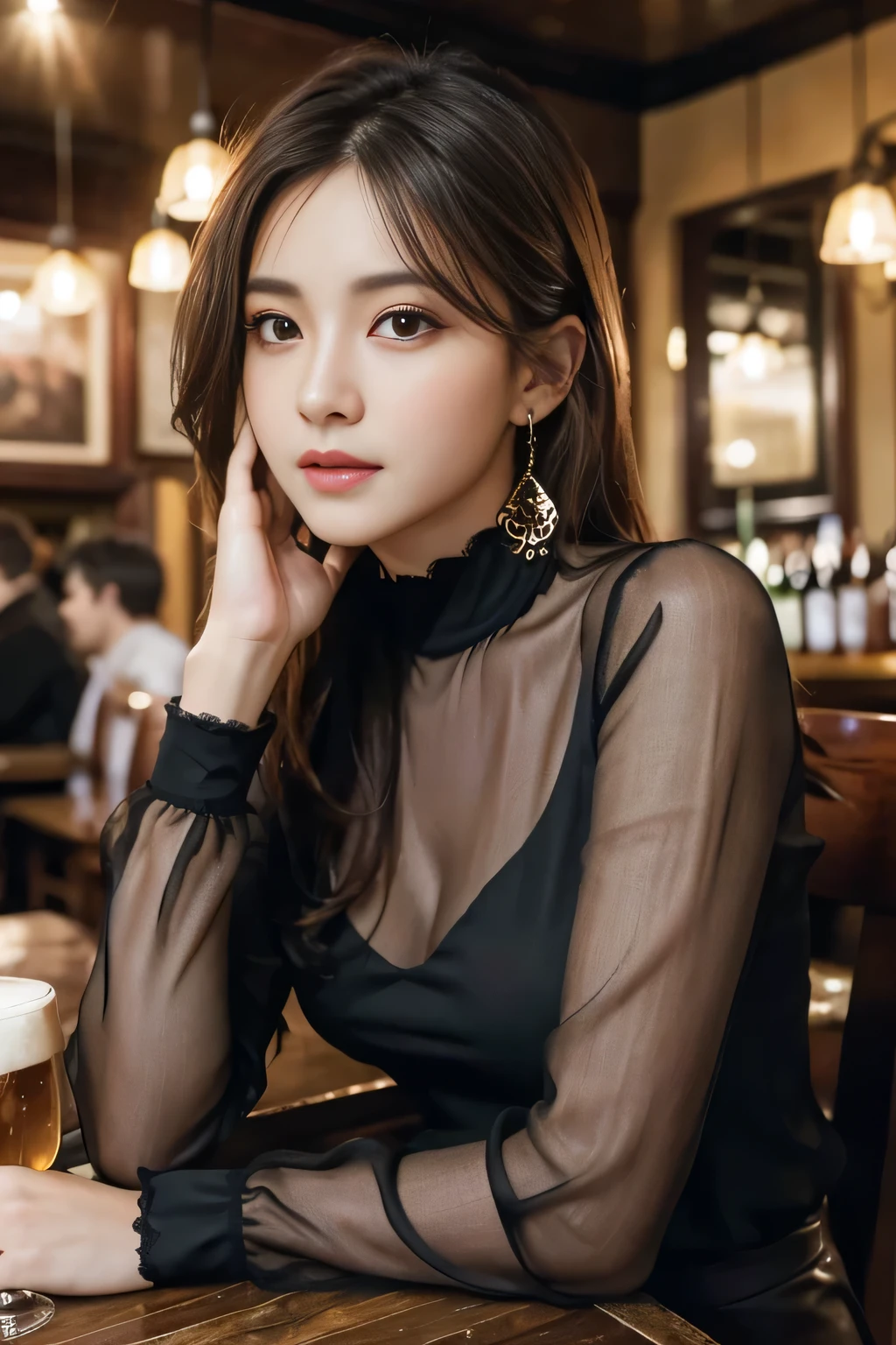 masterpiece, highest quality, Realistic, Very detailed, Finer details, High resolution, 8k wallpaper, One beautiful woman, Wear a black see-through blouse, In a great pub, At night, Light brown messy hair, Perfect dynamic composition, Beautiful and beautiful eyes、Big earrings、Sitting in a chair、