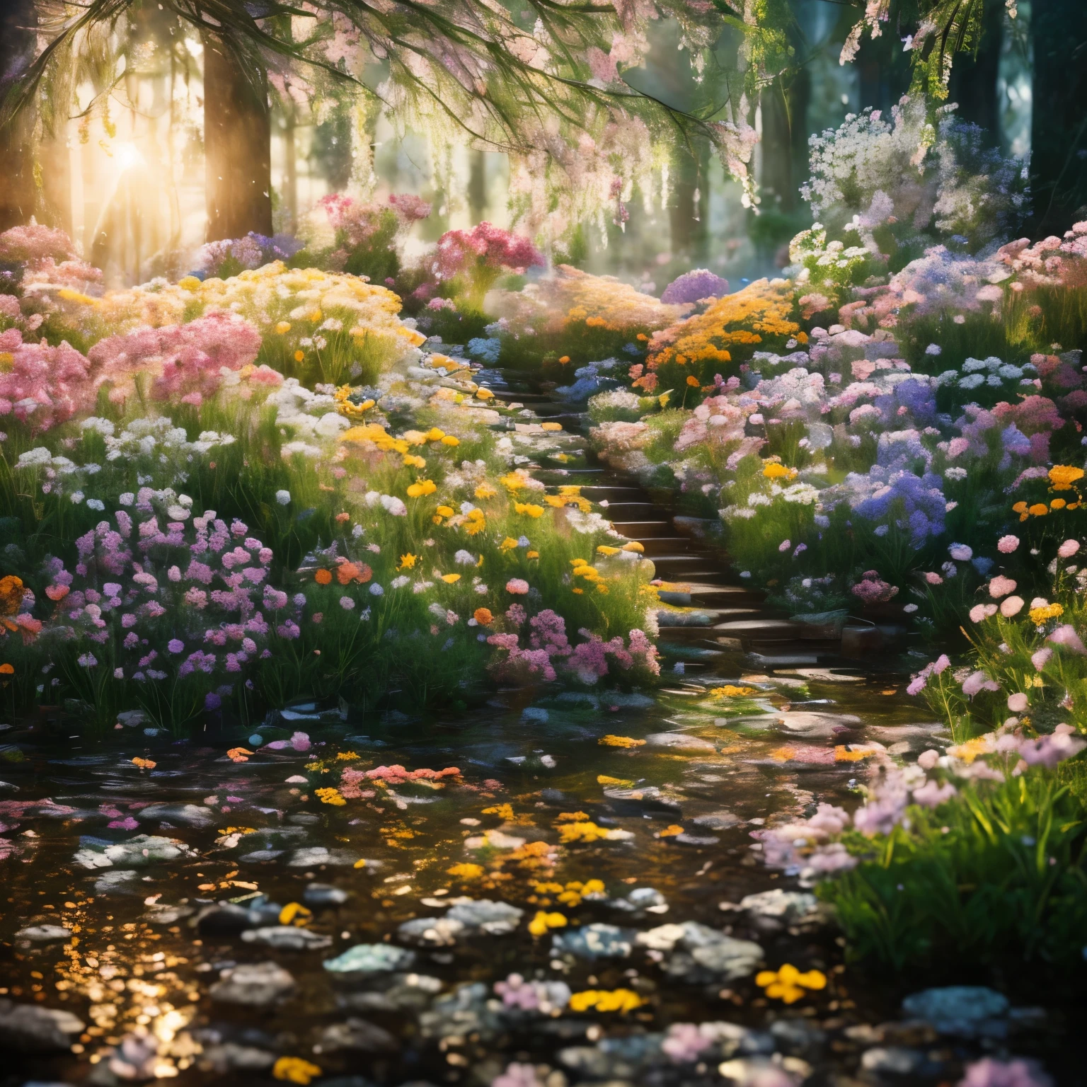 Best Images, 8k, RAW Photos, Realistic, detailed, delicate, Flashy and dynamic depiction, Veronica Withering is lit up、Blooms in a variety of colors, Use magic to paint colorful flowers everywhere, Scattered golden confetti, scattered rainbow colored confetti, Angel ladder, Fantasy World, magical plants