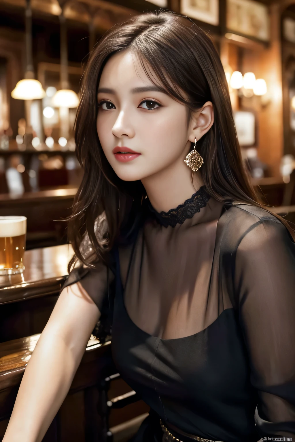 masterpiece, highest quality, Realistic, Very detailed, Finer details, High resolution, 8k wallpaper, One beautiful woman, Wear a black see-through blouse, In a great pub, At night, Light brown messy hair, Perfect dynamic composition, Beautiful and beautiful eyes、Big earrings、Sitting in a chair、