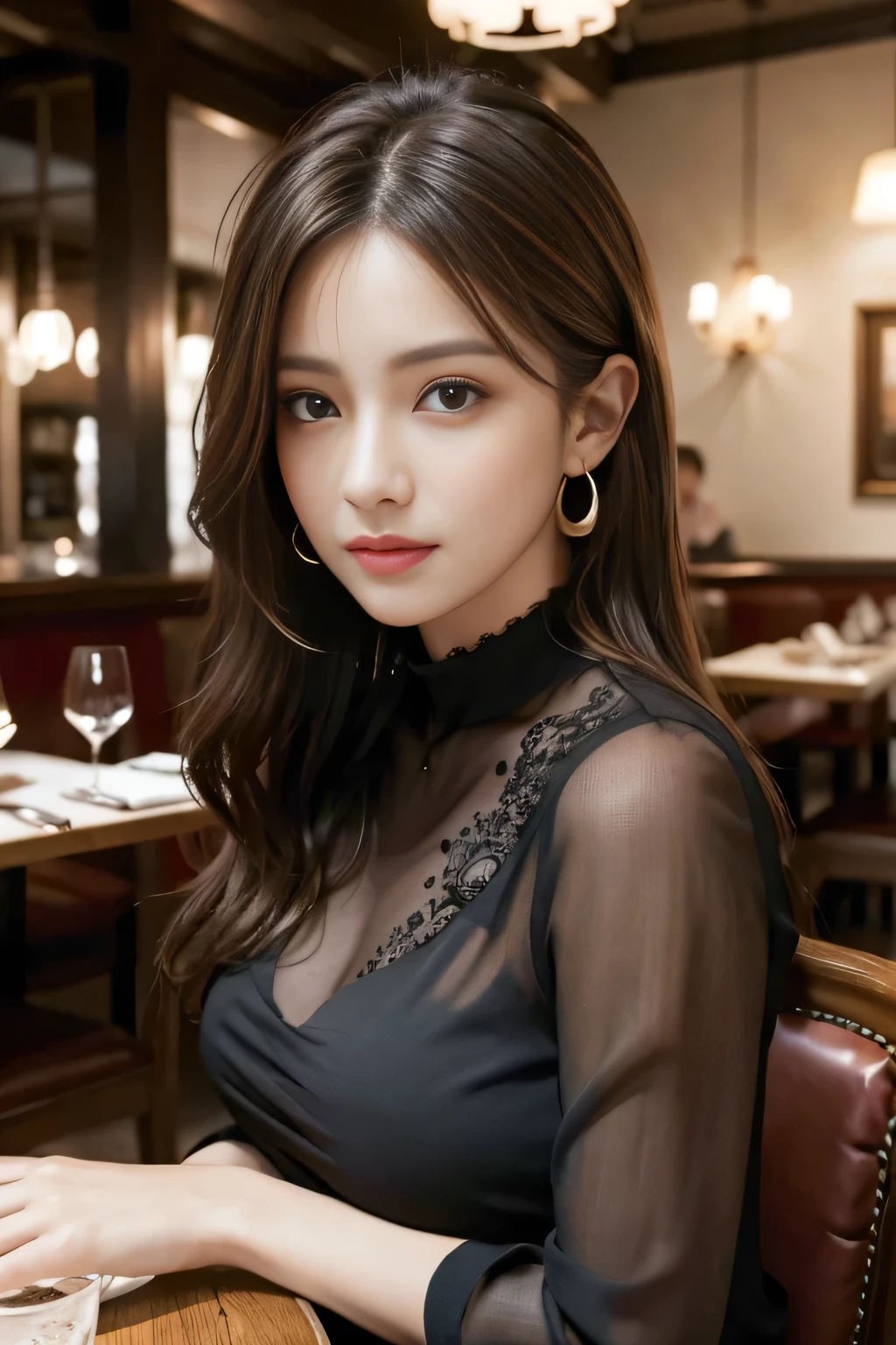 masterpiece, highest quality, Realistic, Very detailed, Finer details, High resolution, 8k wallpaper, One beautiful woman, Wear a black see-through blouse, In a great restaurant, At night, Light brown messy hair, Perfect dynamic composition, Beautiful and beautiful eyes、Big earrings、Sitting in a chair、