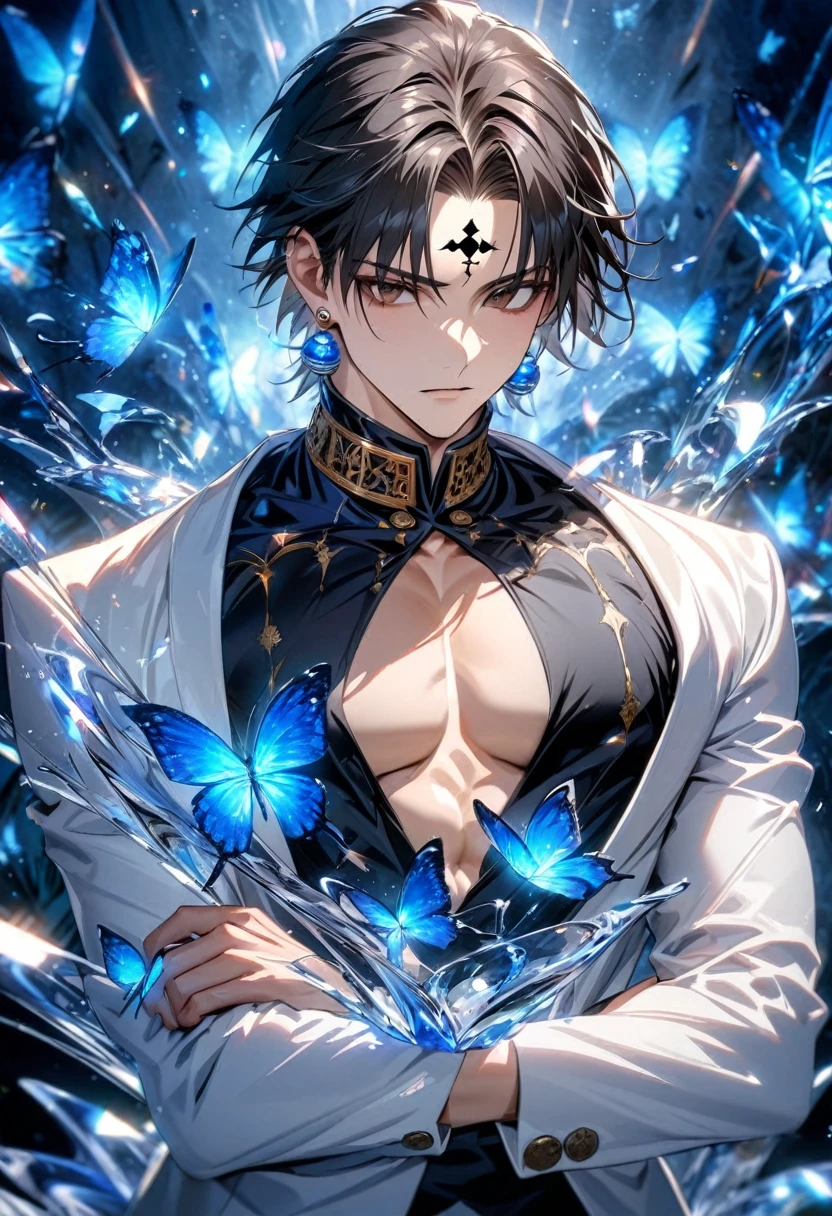 absurdres, highres, ultra detailed, HDR, master piece, best quality, Chrollo Lucilfer, black hair, expressive brown eyes, hunter x hunter, solo, sexy man, handsome, toned chest, white jacket, black shirt, blue earrings, black cross tattoo on the forehead, patterns, magical, fantasy, blue background, blue lotus, shining, blue petals, blue glittering butterflies, glass sculptures