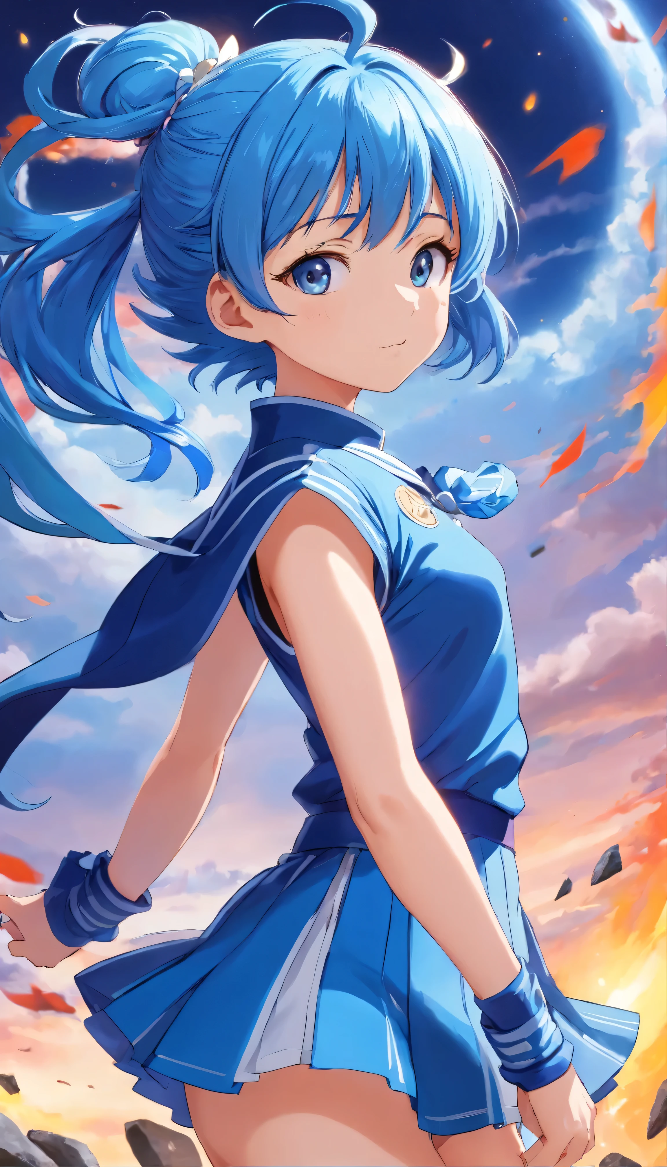 (masterpiece)、(highest quality)、Real、Cinematic Light、Mizuno Ami、Sailor Mercury、stand、Battlefield Background、Perfect body、Blue Hair、uniform。Her uniform is、intricate details and、It features a vivid and glossy finish under dynamic lighting.。Layers of blue hair、It brings out the vivid colors of the uniform.。Ami&#39;s body is depicted with athletic grace.、All muscles are defined yet graceful。Against the backdrop of the battlefield、The focus is on Ami&#39;s determined pose。