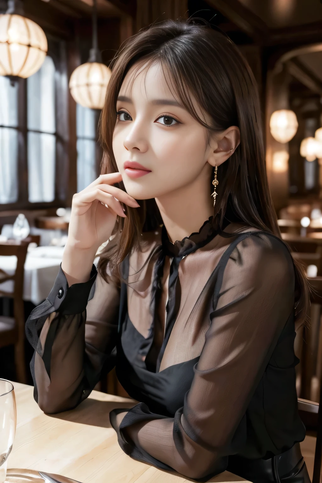 masterpiece, highest quality, Realistic, Very detailed, Finer details, High resolution, 8k wallpaper, One beautiful woman, Wear a black see-through blouse, In a great restaurant, At night, Light brown messy hair, Perfect dynamic composition, Beautiful and beautiful eyes、Big earrings、Sitting in a chair、