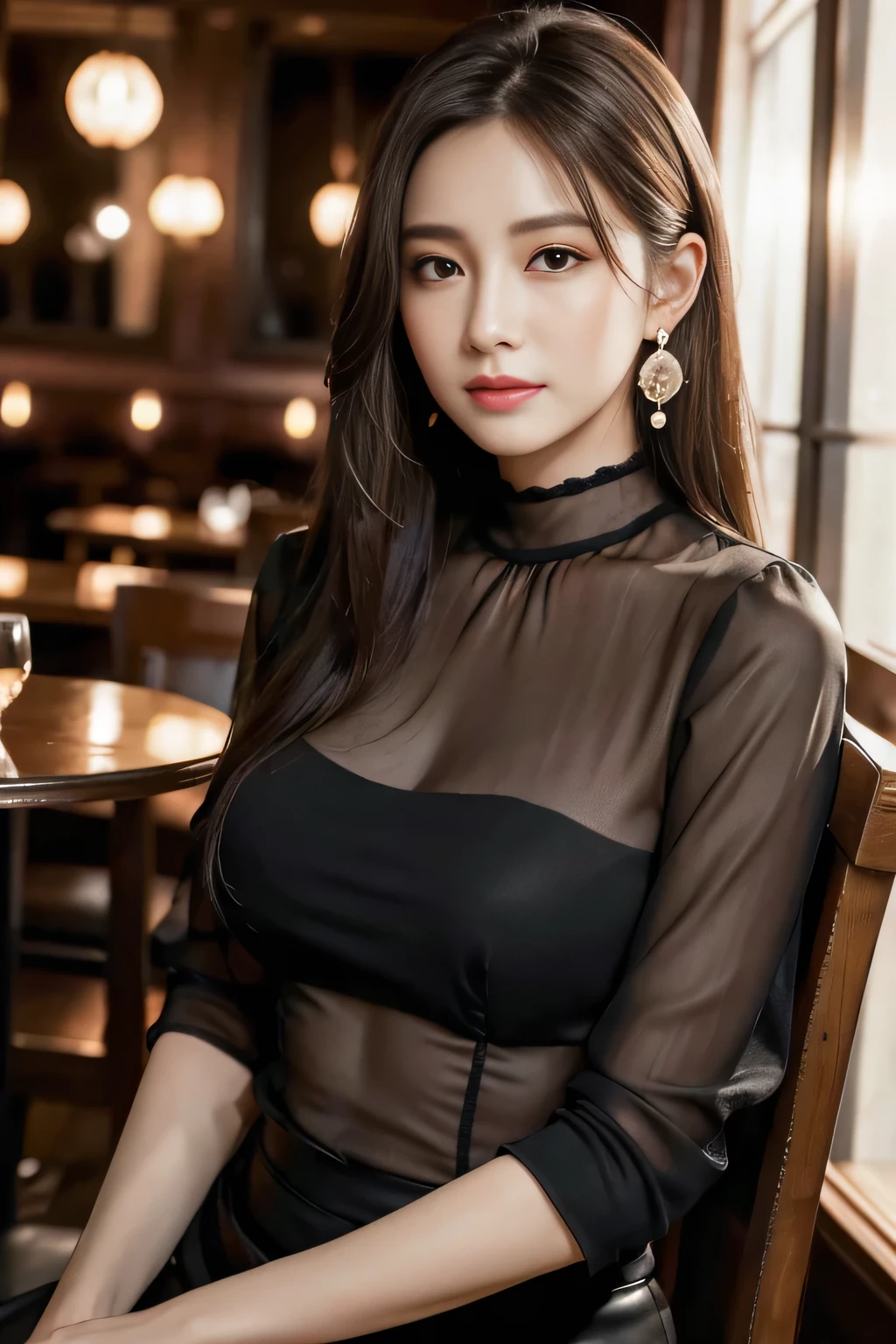 masterpiece, highest quality, Realistic, Very detailed, Finer details, High resolution, 8k wallpaper, One beautiful woman, Wear a black see-through blouse, In a great restaurant, At night, Light brown messy hair, Perfect dynamic composition, Beautiful and beautiful eyes、Big earrings、Sitting in a chair、