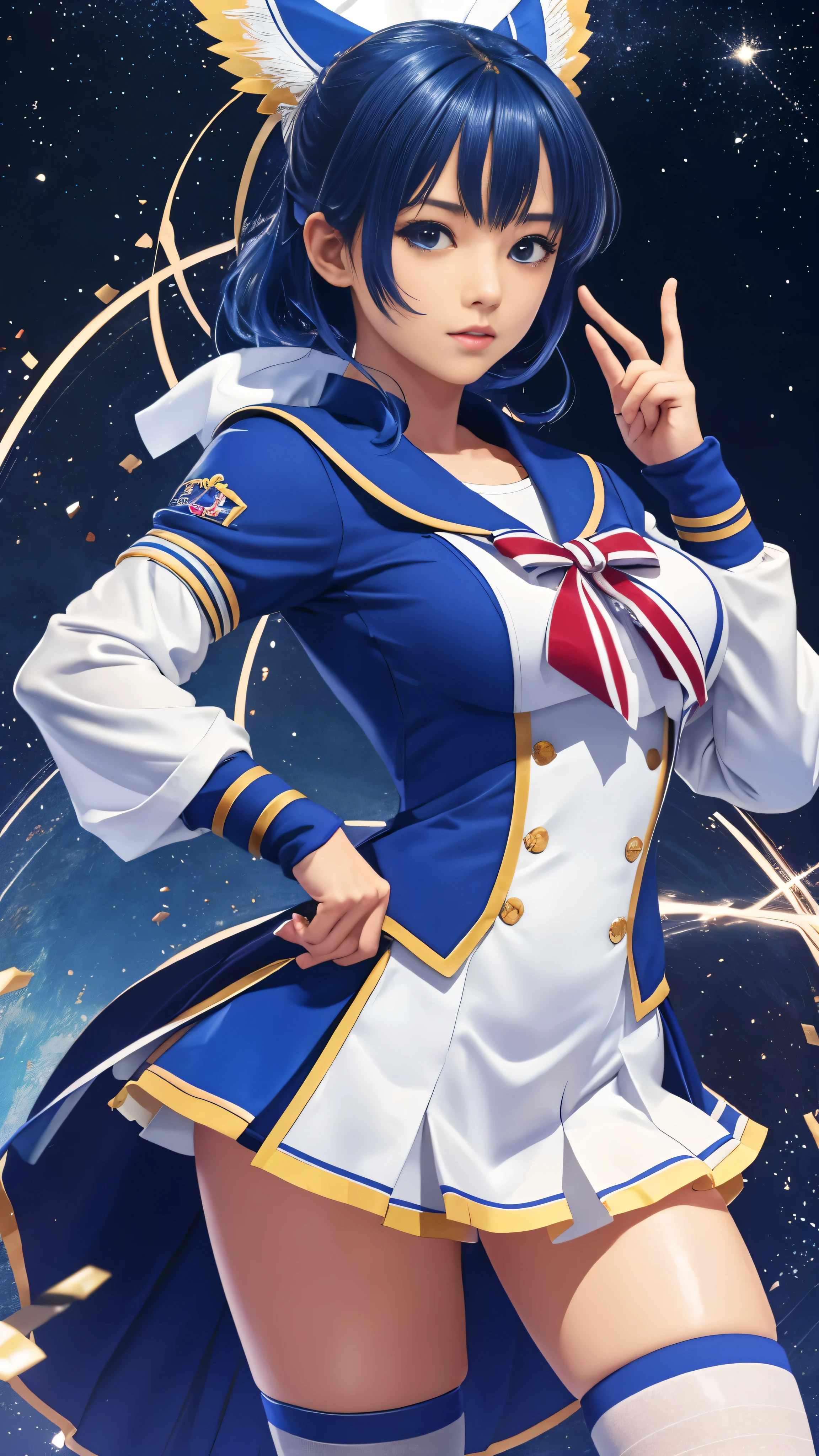 (masterpiece)、(highest quality)、Real、Cinematic Light、Mizuno Ami、Sailor Mercury、stand、Battlefield Background、Perfect body、Blue Hair、uniform。Her uniform is、intricate details and、It features a vivid and glossy finish under dynamic lighting.。Layers of blue hair、It brings out the vivid colors of the uniform.。Ami&#39;s body is depicted with athletic grace.、All muscles are defined yet graceful。Against the backdrop of the battlefield、The focus is on Ami&#39;s determined pose。Realistic figures