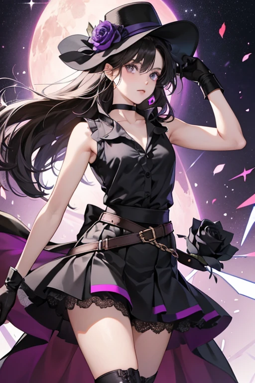 Rose has a small black hat on the left side of her head, with a small rose on it. She wears a black choker on her neck, with a sleeveless black shirt with another purple shirt inside that shirt. She has a crossed-over line on the bottom part of her shirt. She still wears long black gloves. She wears a dark purple skirt with light purple petals on the top part of the skirt. There are lines on the skirt. She wears dark brown stockings with black and gray diamond-patterned boots. SPARKLE; GLITTER