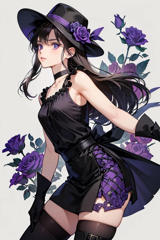 Rose has a small black hat on the left side of her head, with a small rose on it. She wears a black choker on her neck, with a sleeveless black shirt with another purple shirt inside that shirt. She has a crossed-over line on the bottom part of her shirt. She still wears long black gloves. She wears a dark purple skirt with light purple petals on the top part of the skirt. There are lines on the skirt. She wears dark brown stockings with black and gray diamond-patterned boots. SPARKLE; GLITTER