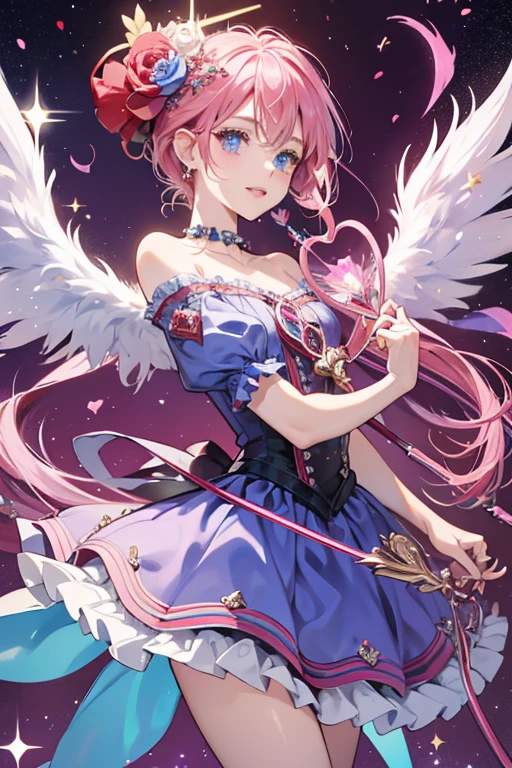 Rose's Fairilu Key is colored red. The handle is outlined and heart-shaped, with a rose flower crest inside, adorned by a blue gem, and spikes around the handle. The heart is placed on top of another small heart with two small wings. The key's teeth is shaped with a capital "F" placed on its long side. SPARKLE; GLITTER