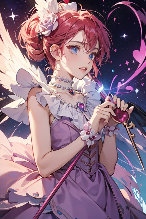 Rose's Fairilu Key is colored red. The handle is outlined and heart-shaped, with a rose flower crest inside, adorned by a blue gem, and spikes around the handle. The heart is placed on top of another small heart with two small wings. The key's teeth is shaped with a capital "F" placed on its long side. SPARKLE; GLITTER
